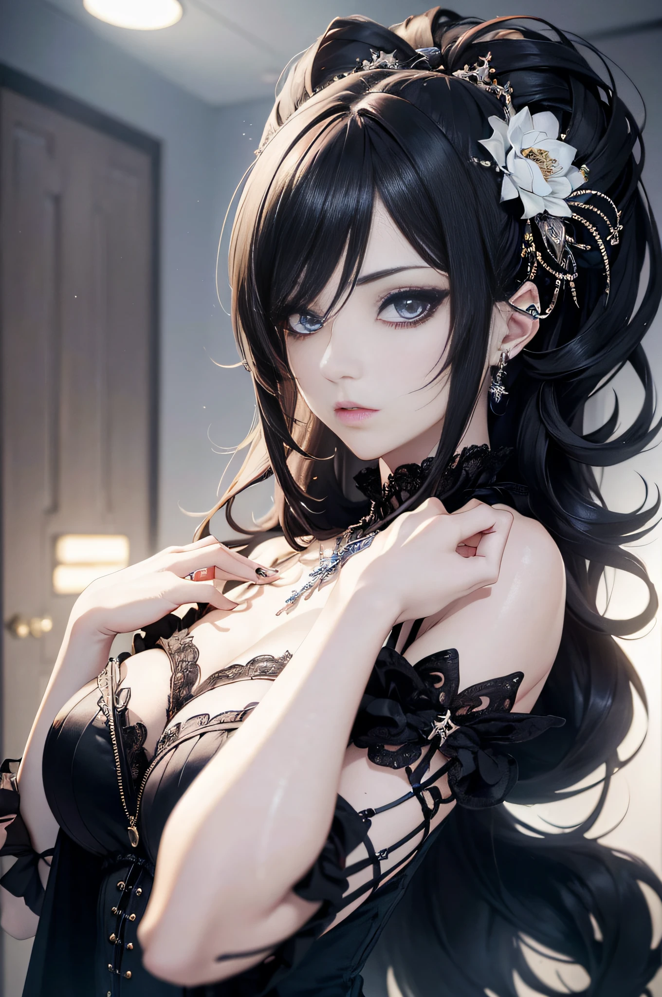 ((Masterpiece)), ((Best Quality)), (Very Detailed), (Very Detailed)), 4K, (8K), Best Quality, (Beautiful), (Visual Kei Fashion:1.3), Musician or artist with heavy makeup and flashy hairstyle or fashion, Confident posing, Beautiful face, Beautiful eyes, Lustrous hair, Goddess, Absurdity, Unreal Engine, octane lender, attractive lights,