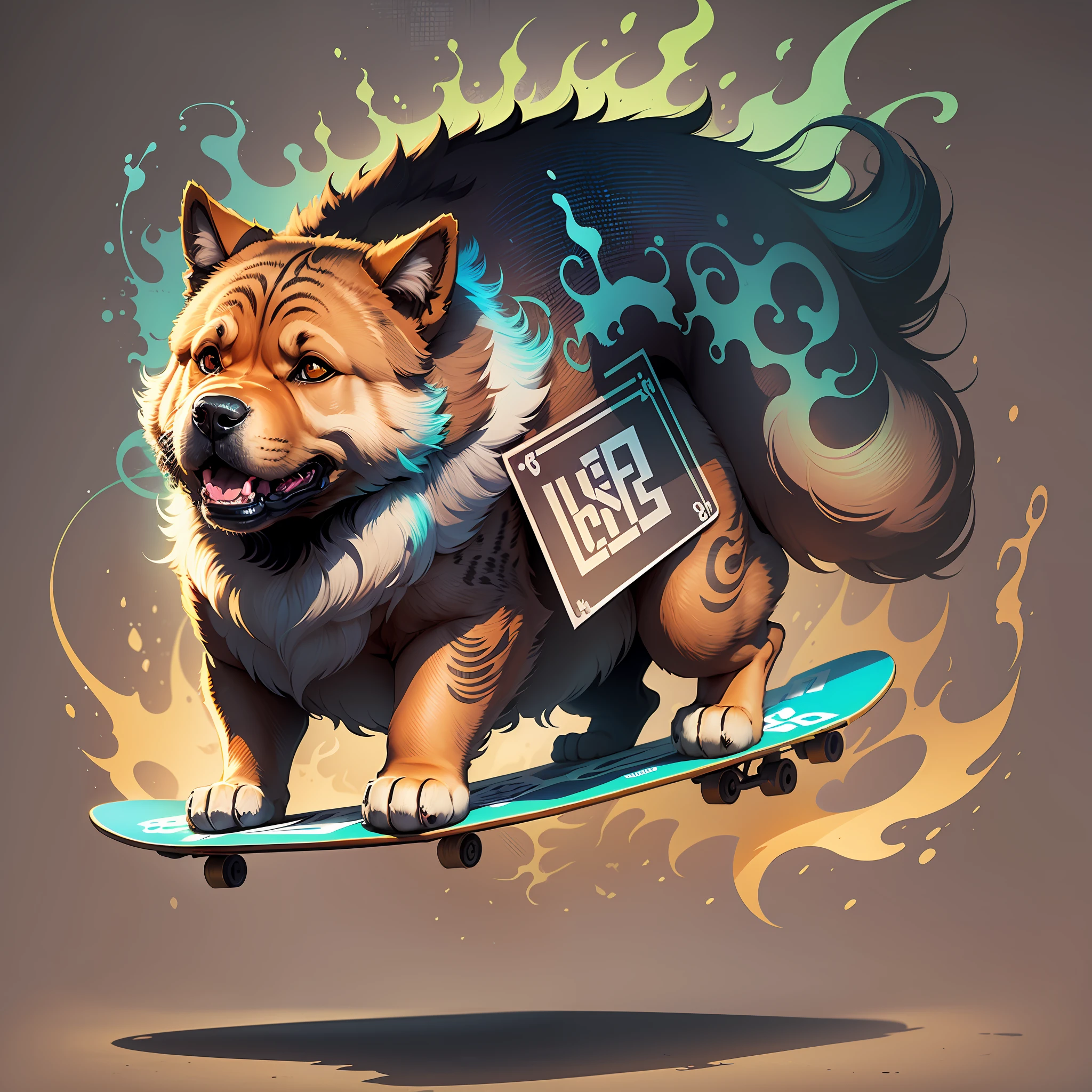 create a t-shirt design graphic art of a chow chow dog, on a skateboard, flat illustration, amazing concept art, ink splash, colorful contour contrast, dynamic shading and highlights, hyper detailed, graffiti style, steampunk, bioluminescence, --auto --s2