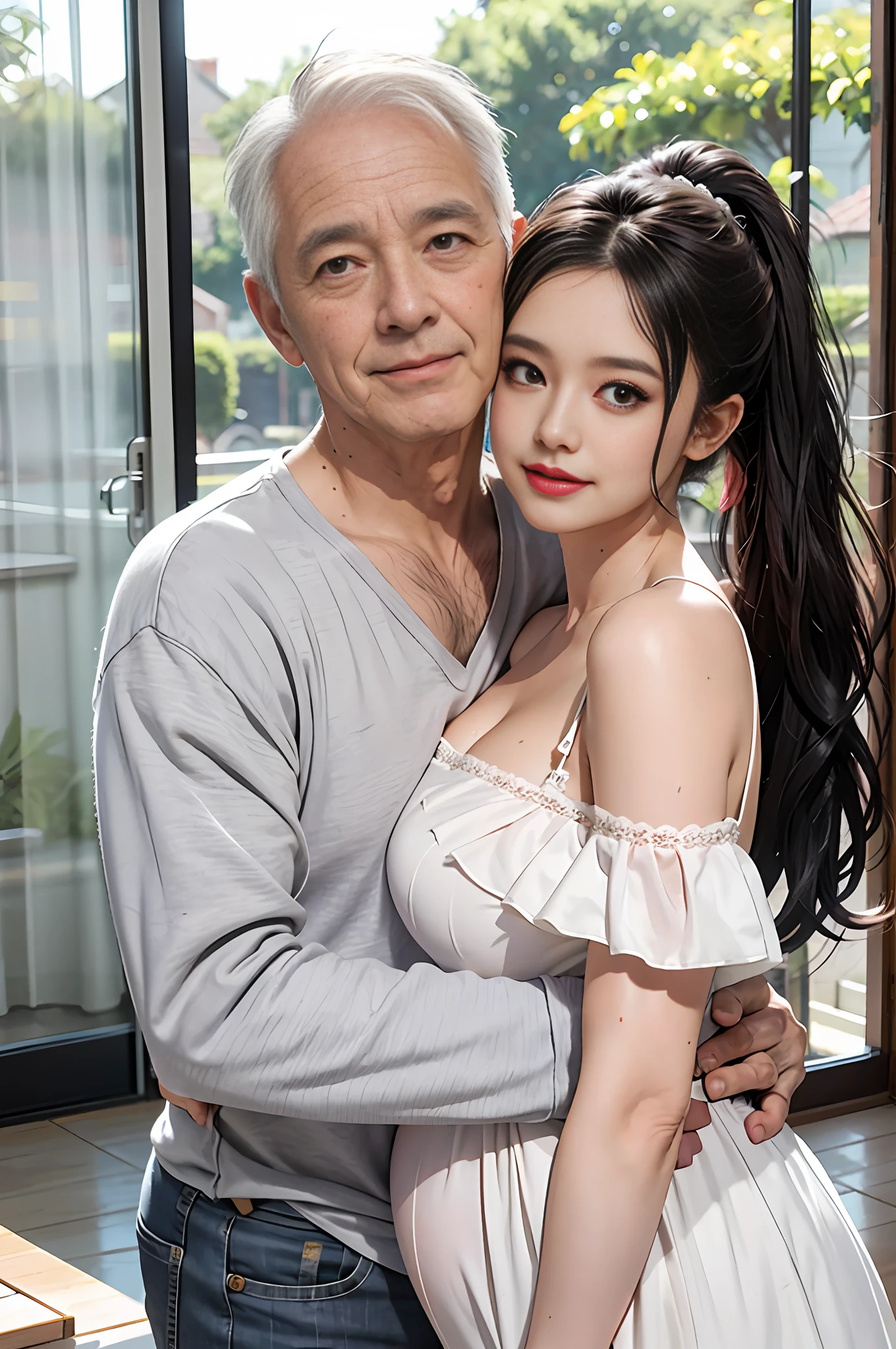 realistic, ponytail, cleft lip, blush, makeup, light smile, gray hair, wedding dress, skirt, wet clothes, glow, thighs, purple eyes, bare shoulders, collarbone, narrow waist, sunlight, wind, cleavage, (masterpiece), big breasts, low cut, areola, E cup, sweat, black old man next to him, sixty year old man holding girl, girl snuggled in sixty old man's arms, sixty year old man holding girl, pregnant woman, 9 months pregnant,