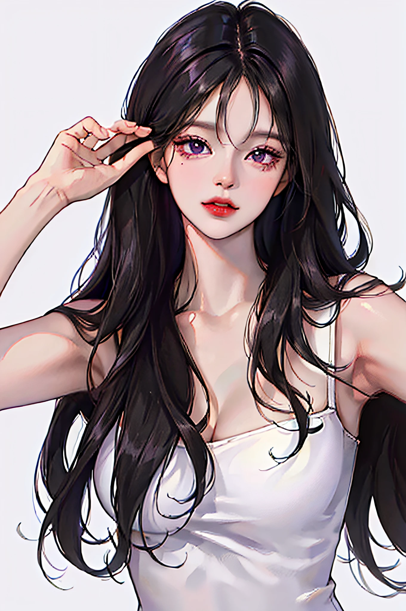 (highest resolution, distinct_image) The best quality, a woman, masterpiece, highly detailed, (semi-realistic), long black hair, long straight hair, black hair bangs, purple eyes, mature, cherry glossy lips, white background, close-up portrait, solid circle eyes, minimalistic