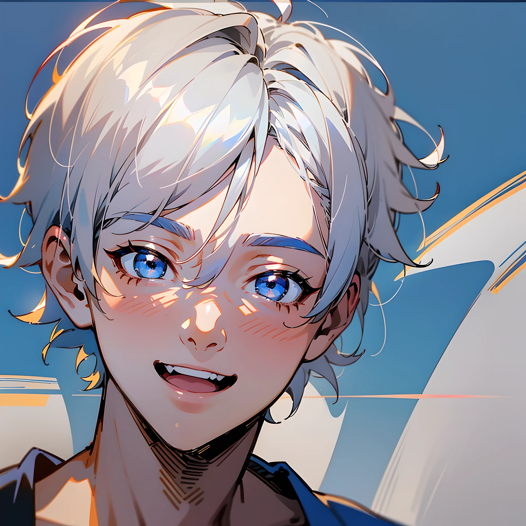 1 boy, short hair, silver white hair, black eyes, (pure blue background: 1.5), warm tones, warm light, healing line, (best quality, masterpiece, 8K), white t-shirt, laughing, happy, (upper body close-up: 1.5), anime style, wallpaper, avatar, --v6