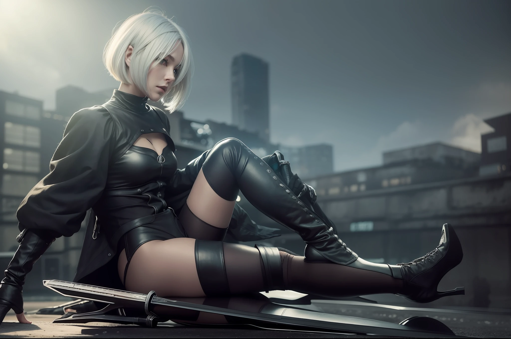 Silver-haired woman sitting on the ground, character from Neil: Mechanical Age 2B, dressed in black, showing her cold qualities, wasteland style, shabby building in the background, moss walking building.