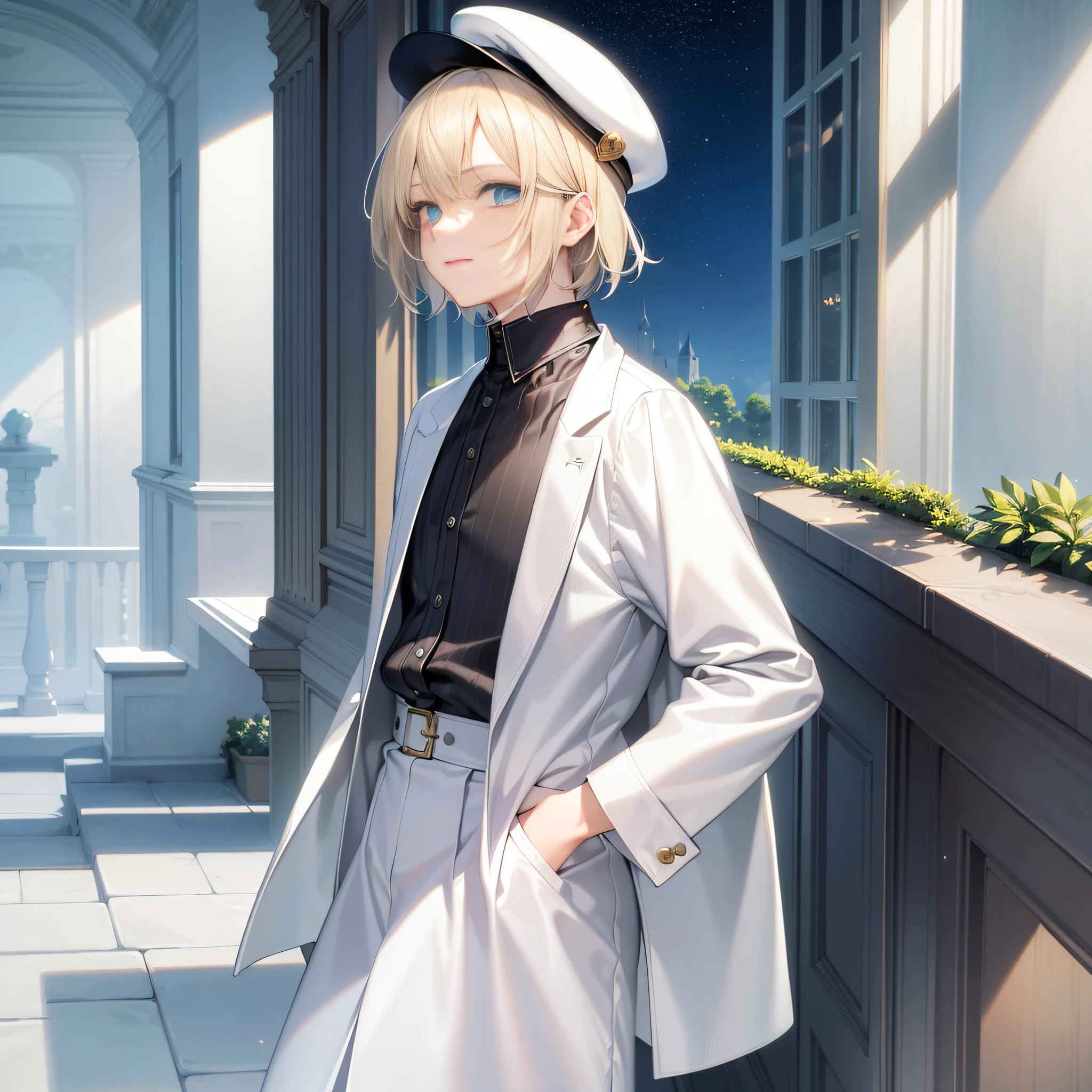 Masterpiece, best quality, white-blonde hair, bangs, gradient _ eyes, beautiful detail eyes, aqua green eyes, eye shadow, short hair, boy, mature, idol, night, moon, collared shirt, walk, sailor collar, jacket, colorful eyes, hat, laugh,