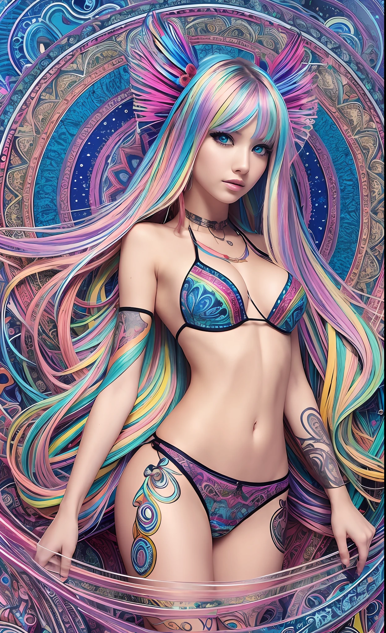 Masterpiece, Best Quality, Girls, Slender, Rainbow Color Eyes, Hair Color, Iridescent, Long Hair Spreads, White Skin, Medium, Cute, Sexy, Near Future, Bikini, Exposed Skin, Night, Psychedelic, Trip, Highly Colored, Paisley, Extreme Color, Mandala Theme, Open Legs, Eye Shadow, False Lashes, Blushing, Machine Left Arm, Smile, Full Body