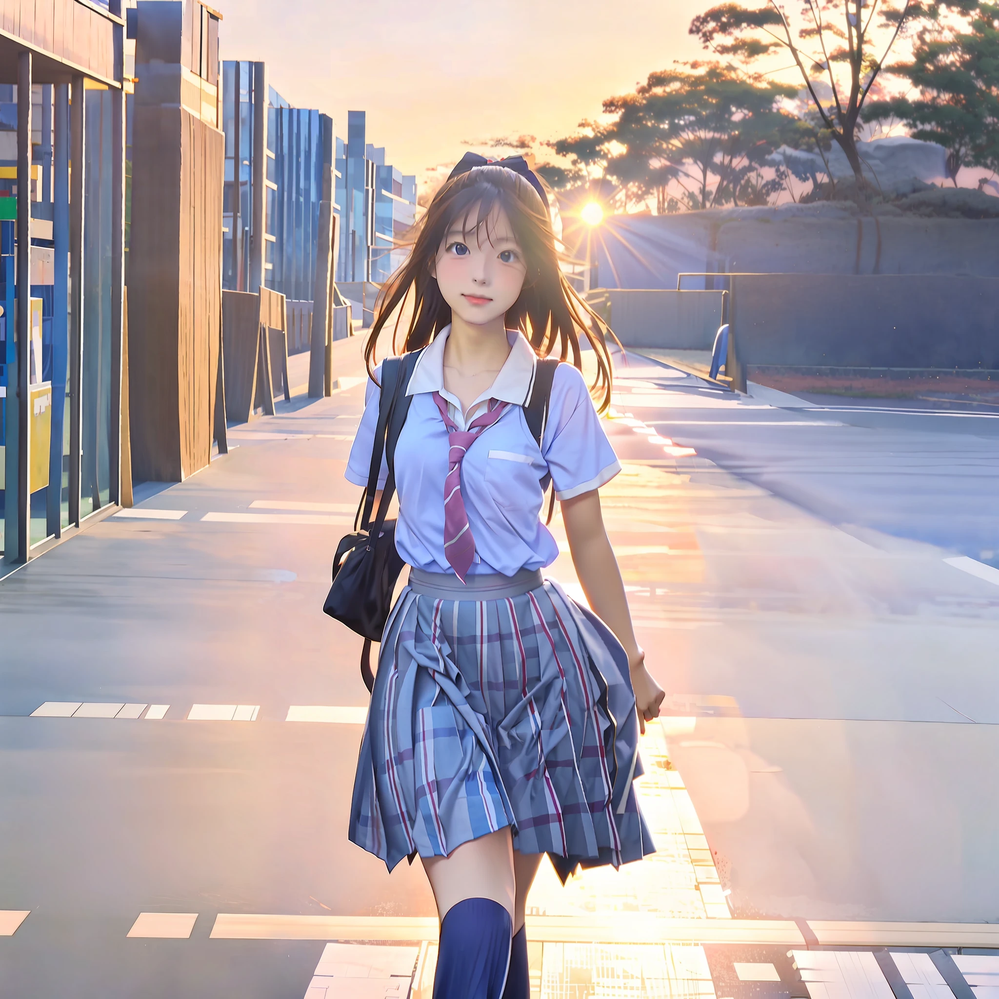 Beautiful high school girl walking down the street in school uniform, sunset light, Japanese girl school uniform, realistic schoolgirl, cute schoolgirl, movie morning light, anime style mixed with Fujifilm, wearing Japanese school uniform