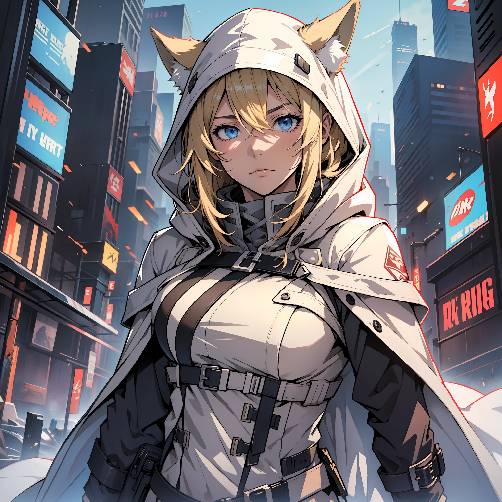 Sad dark night city background, white translucent hooded trench coat, blonde, gunslinger, horse ear, spirited girl, ark of tomorrow, best quality, high resolution, best quality, high quality, detailed key anime art, best anime, 8k --auto --s2
