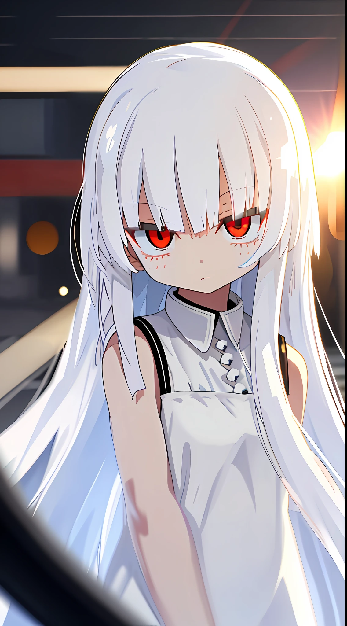 sun glare, bokeh, depth of field,light particles, strong wind,
upper body,solo,1girl,
long hair,white hair,
red eyes,
expressionless,
Sleeveless,white minidress,