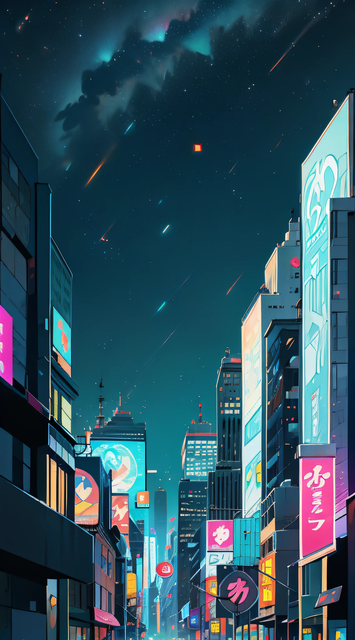 City night view, high-rise buildings, neon flashing, exquisite, giant billboards, starry sky