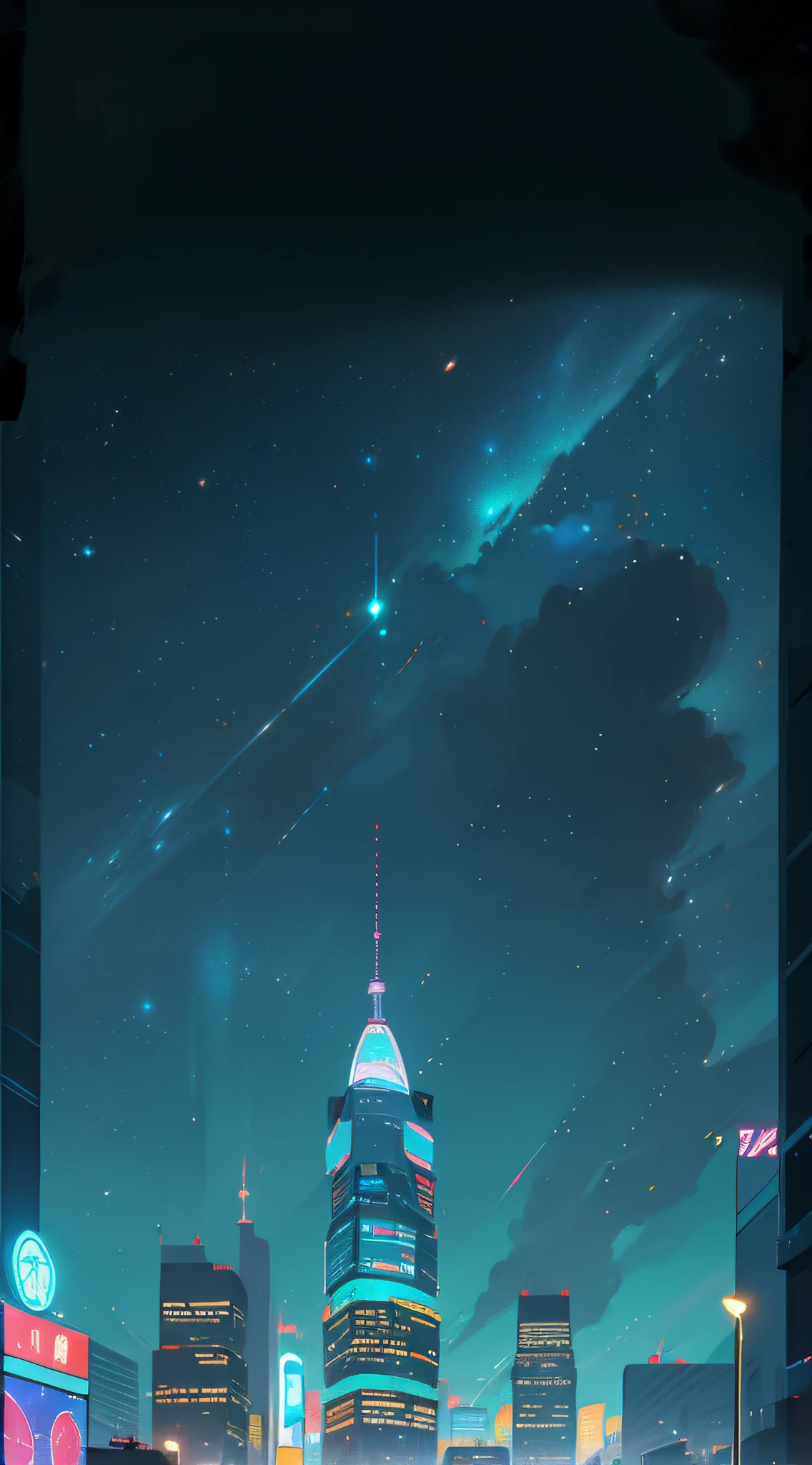 City night view, high-rise buildings, neon flashing, exquisite, giant billboards, starry sky