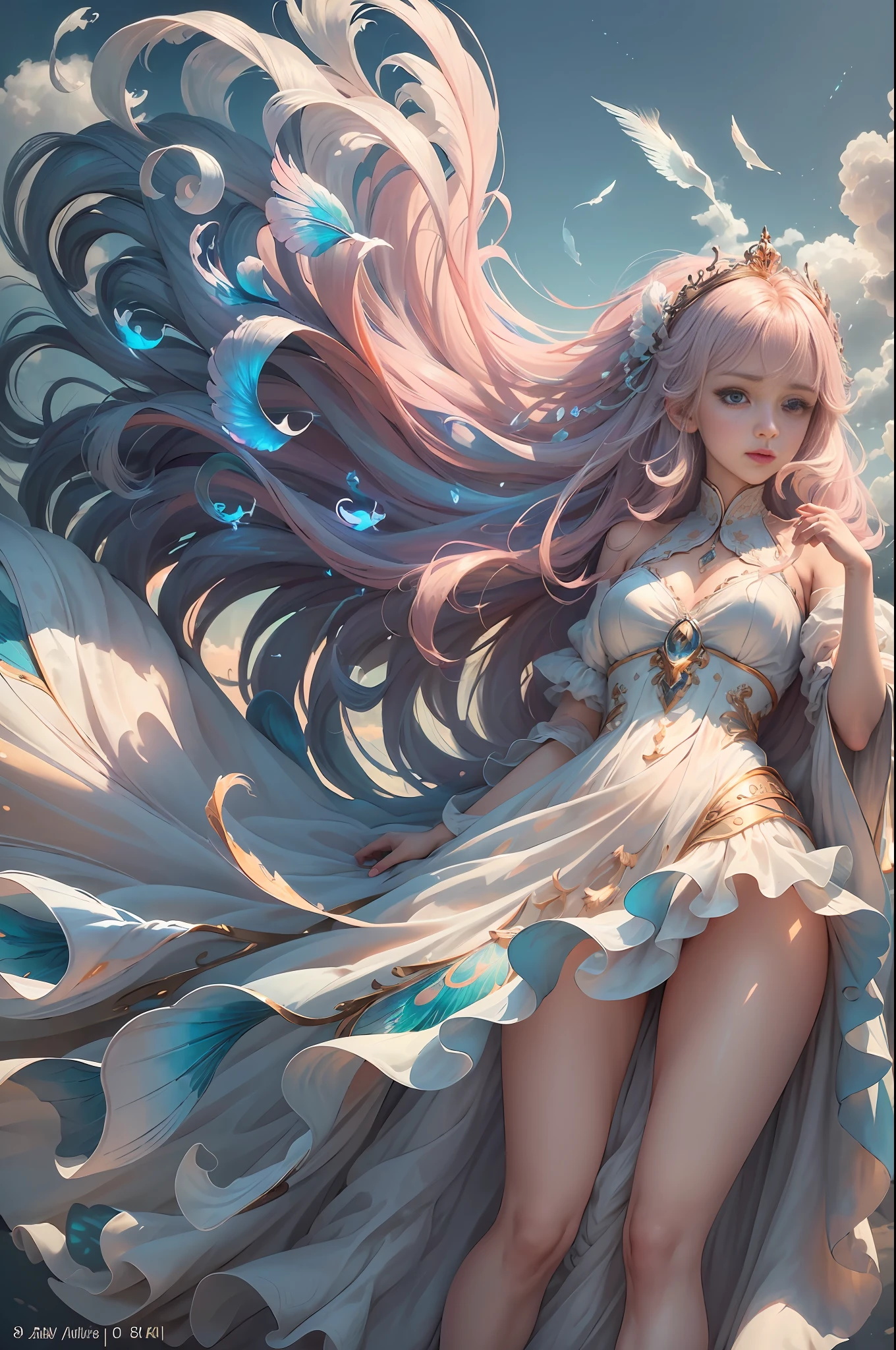 (8k, RAW photo, photorealistic:1.4) ,( lip gloss, eyelashes, glossy side, shiny skin, best quality, super high resolution, depth of field, chromatic aberration, caustics, special light, natural shadow, crown, kpop idol), light pink and sky blue style, (real: 1.2), 1girl, (orange sky: 1.5), (top-down: 1.2), tall and thin beauty goddess, flowing dress, conservative girl, cloud goddess, Flowing white fabric, dressed in a flowing dress, (background with blue sky and white clouds: 1.4), (wind: 1.5), (full body: 1.5), nhjy, a white dress with a peacock on it