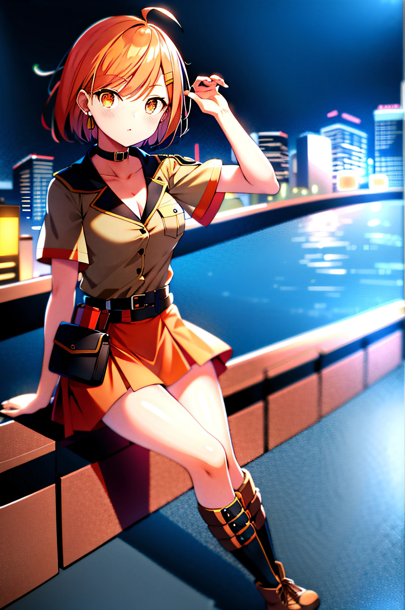 orange eyes light,richly faded light orange hair, anime 1girl, khaki t-shirt, khaki skirt, brown military boots, pouch on the waist belt, khaki bikini, "black tights", "dark_orange knee pad on right leg",( night city:1.4), black long cloak, (good hand:1.5 ) good legs, (Good face: 1.5), 1girl, best hand, no worst hand.