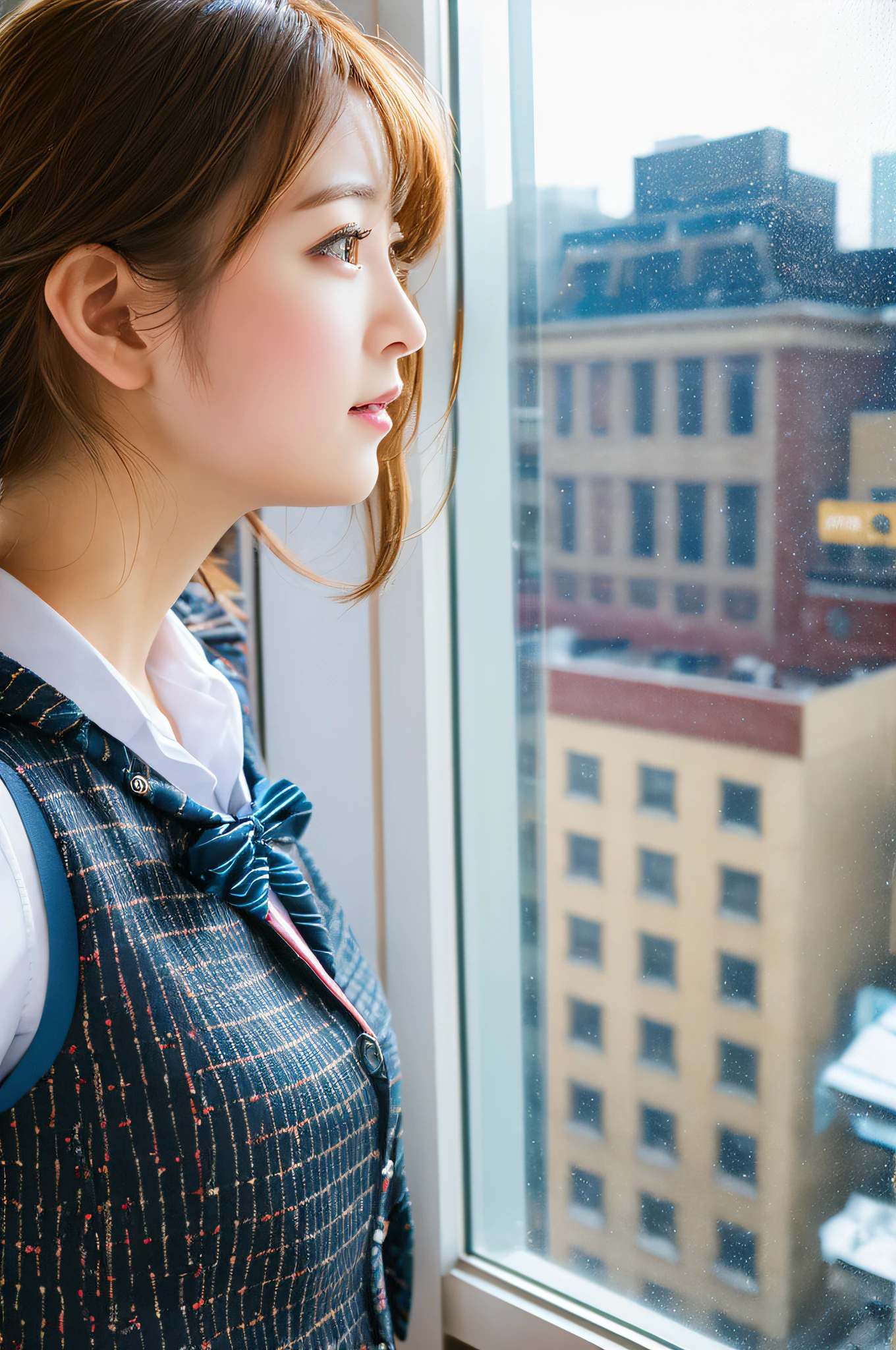 1girl, matured female, vest, bow, photo, realistic, best quality, hires, detailed face, office, buildings from window, detailed background, diffused sunlight, depth of field, bokeh