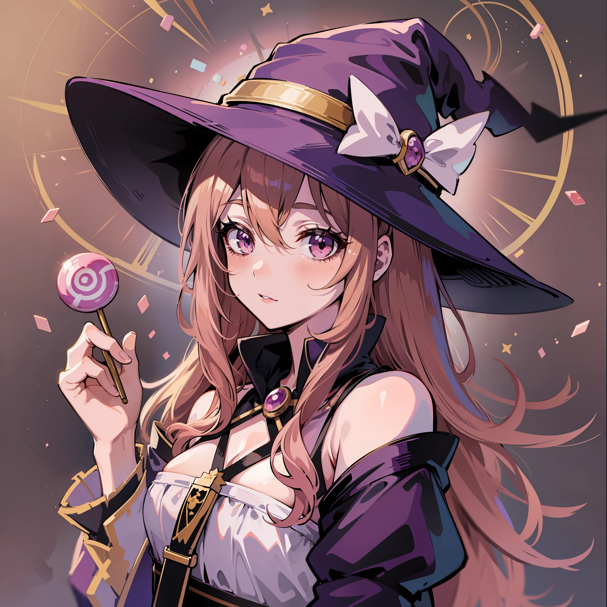 Anime-style female witch character, with half light pink half brown hair, witch hat with candy, she is super cute candy witch, candy backdrop background and details like a tarot card in the background