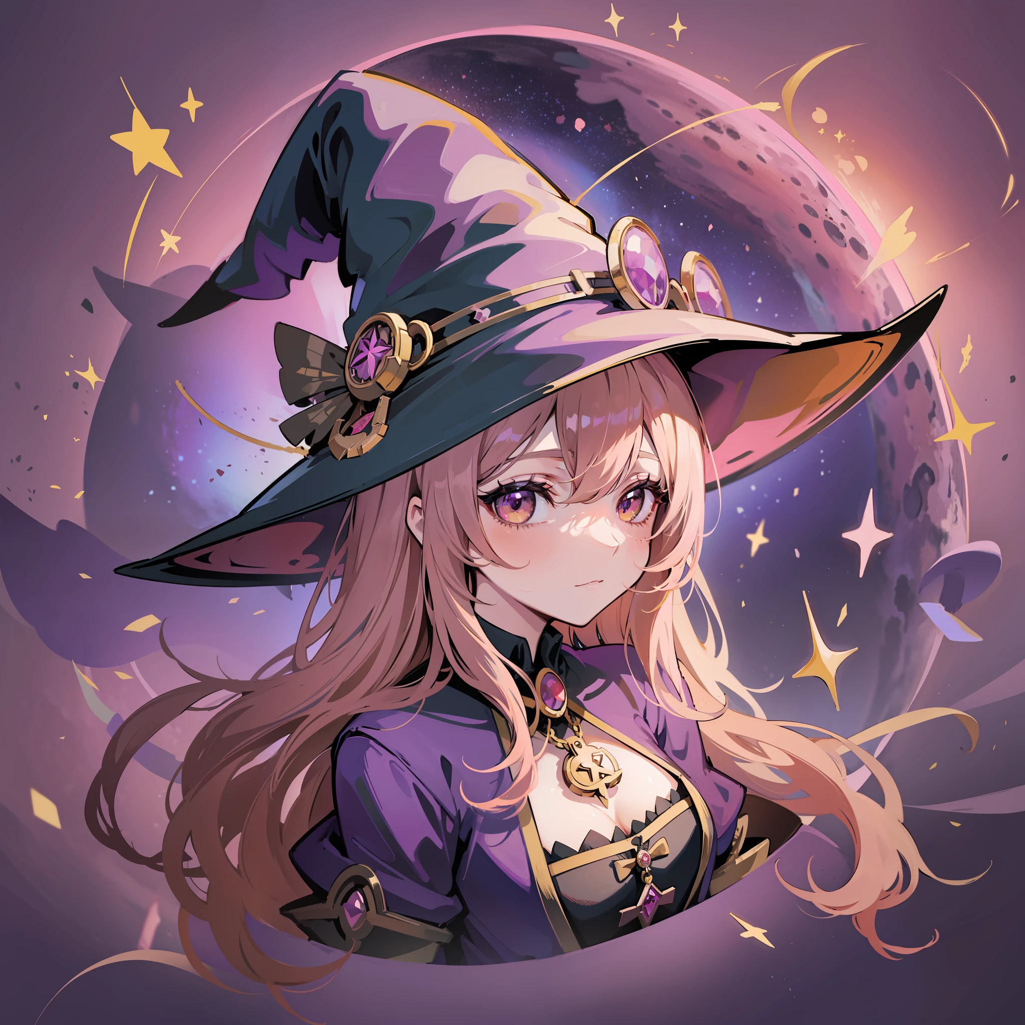 Anime-style female witch character, with half light pink half brown hair, witch hat with candy, she is super cute candy witch, candy backdrop background and details like a tarot card in the background