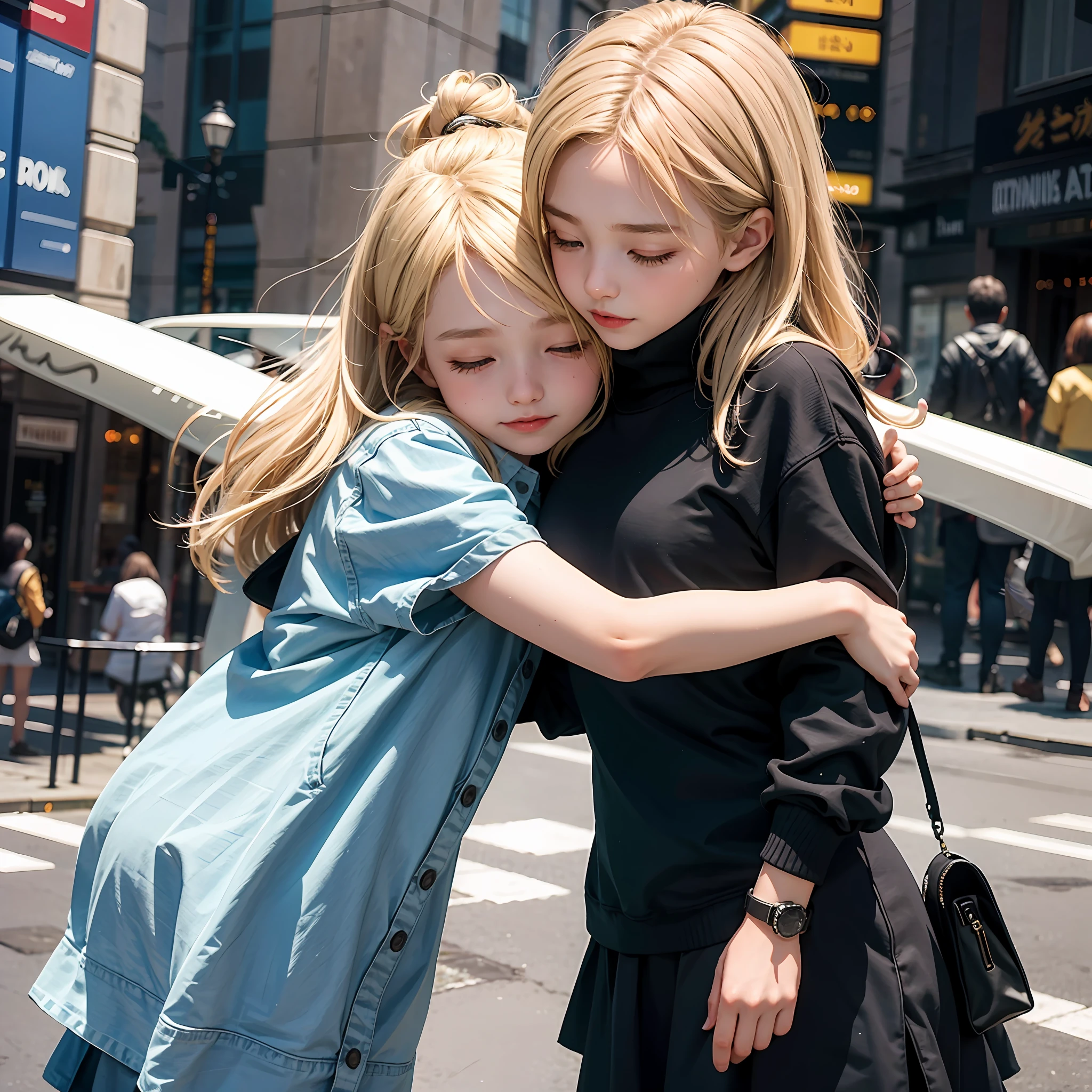 A two kid girl with small body embrace each other, blonde europe kid