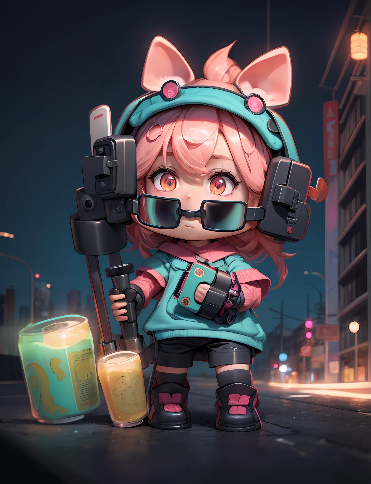 Masterpiece, top quality, official art, 8k wallpaper, RAWE extreme detail, illustration, 1 girl, cute, pink hair, cyberpunk, hd, street at night, sky blue coat, colorful colors,