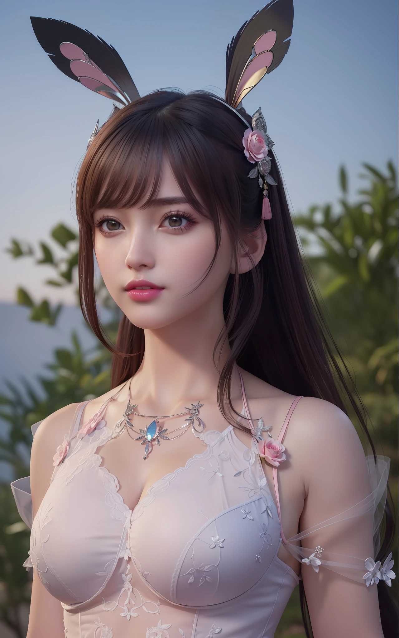 (masterpiece, best quality, extremely detailed 8k, ultra hd, ultra-detailed, highly detailed, highly realistic, ultra-realistic, photo realistic), (1girl:1.5), (detailed realistic skin), (realistic big breasts), (pink lipstick), slender abs,