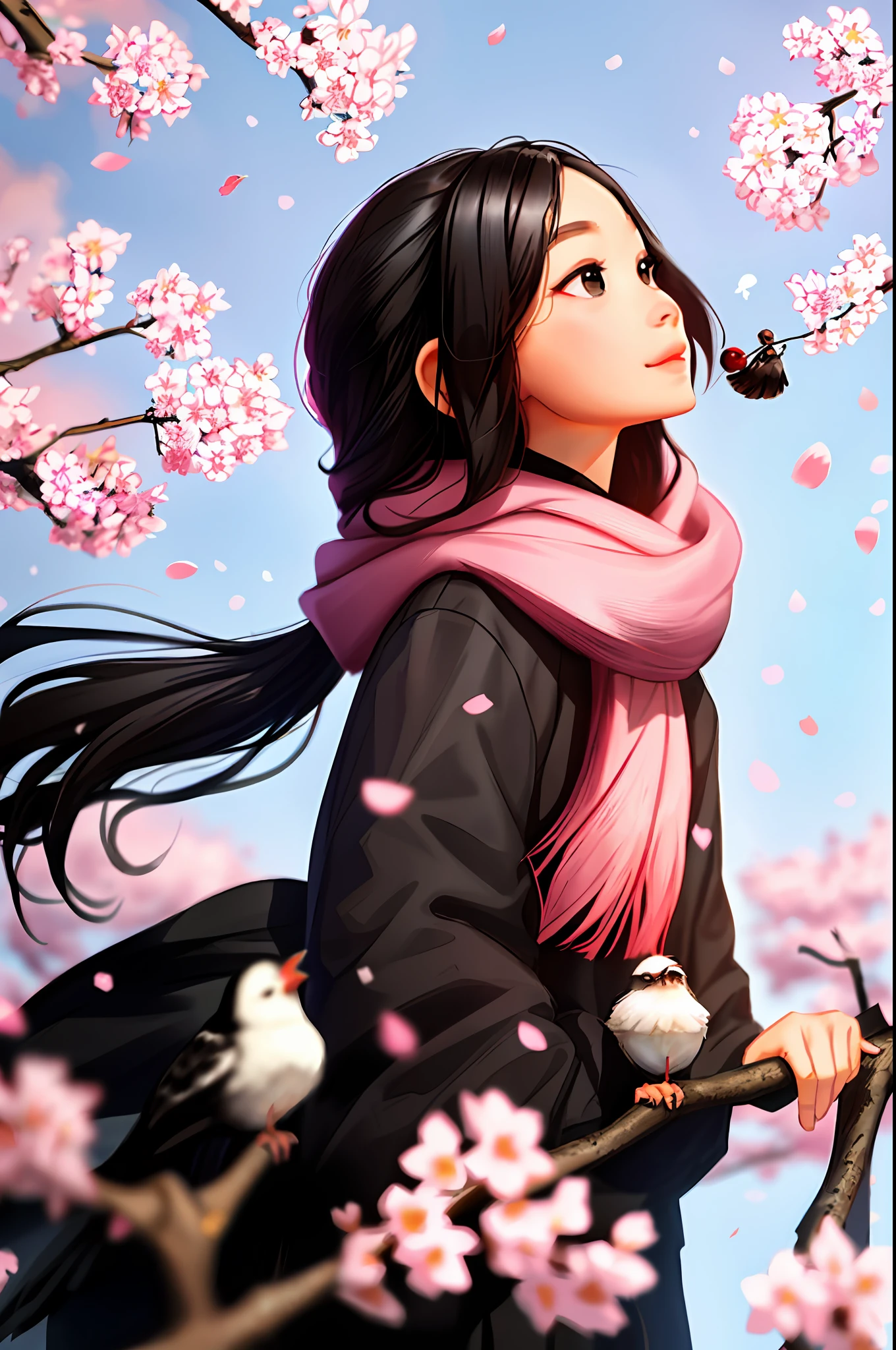 Sam Yang, 1girl five years old, bird, black eyes, black hair, blurry, blurry background, cherry blossoms, lips, long-tailed teat, looking up, medium hair, profile, scarf, soil, teat (bird), ((masterpiece))