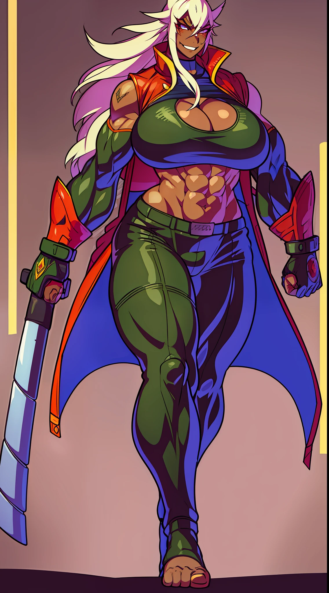 muscle girl,huge breast,, tall female, ,pants, solo focus, 1character, portrait full body,dark skinned female, , vest, coat, walking, medieval clothing, long hair, blond hair,, open mouth smile, revealing cloths, , , berserker, warrior,, full body, walking,, lingerie,flipflops, red eyes