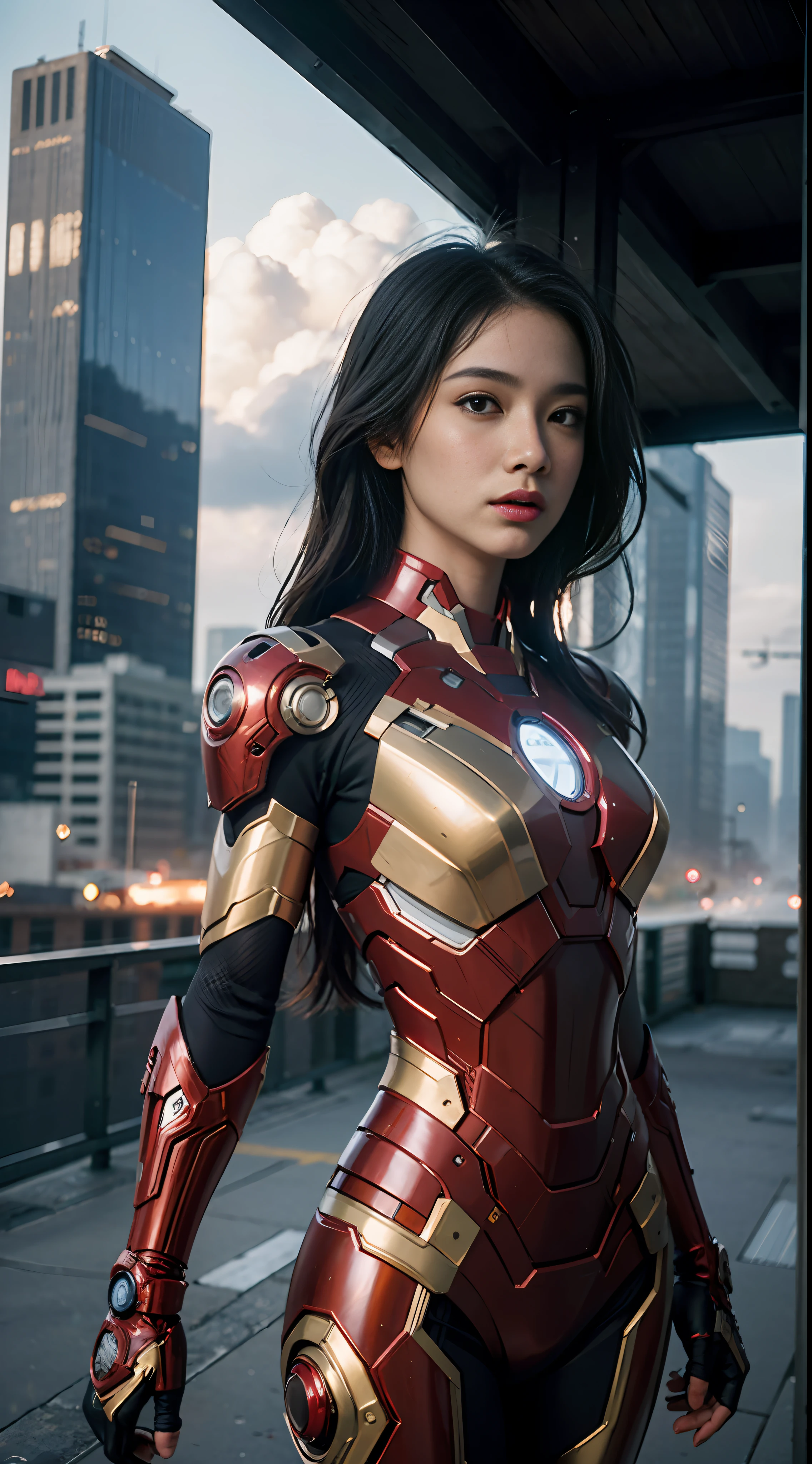 (1girl:1.3), solo,__body-parts__, official art, unity 8k wallpaper, ultra detailed, beautiful and aesthetic, beautiful, masterpiece, best quality, RAW, masterpiece, super fine photo,, best quality, super high Resolution, photorealistic, sunlight, full body portrait, stunningly beautiful,, dynamic pose, delicate face, vibrant eyes, (side view), she is wearing a futuristic Iron Man mech, red and gold, Highly detailed abandoned warehouse background, detailed face, detailed complex busy background, messy, gorgeous, milky, high detailed skin, realistic skin details, visible pores, sharp focus, volumetric fog, 8k uhd, dslr camera, High quality, film grain, fair skin, photorealism, lomography, sprawling metropolis in a futuristic dystopia, view from below, translucent
