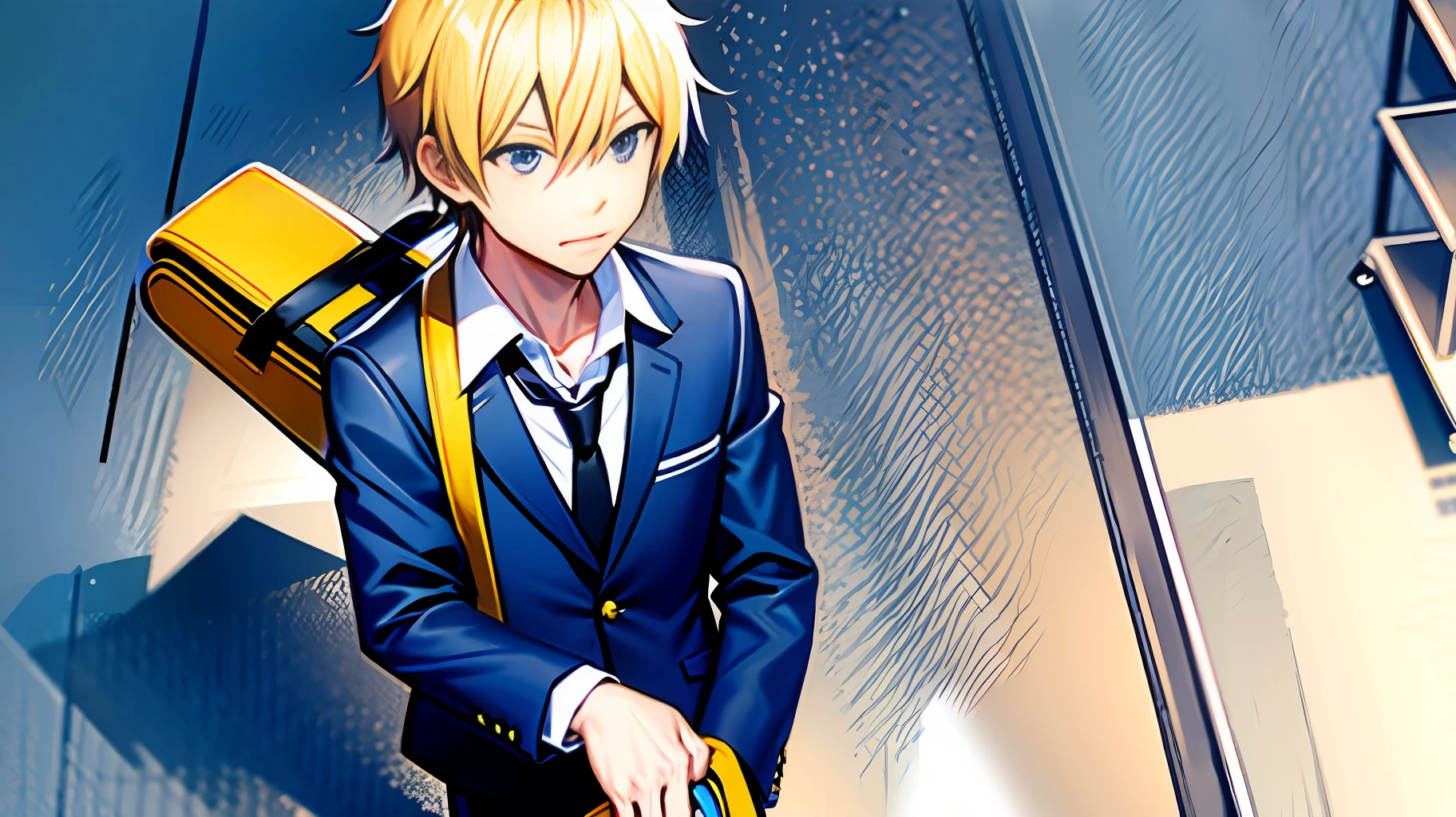 A yellow-haired man carries a school bag on campus