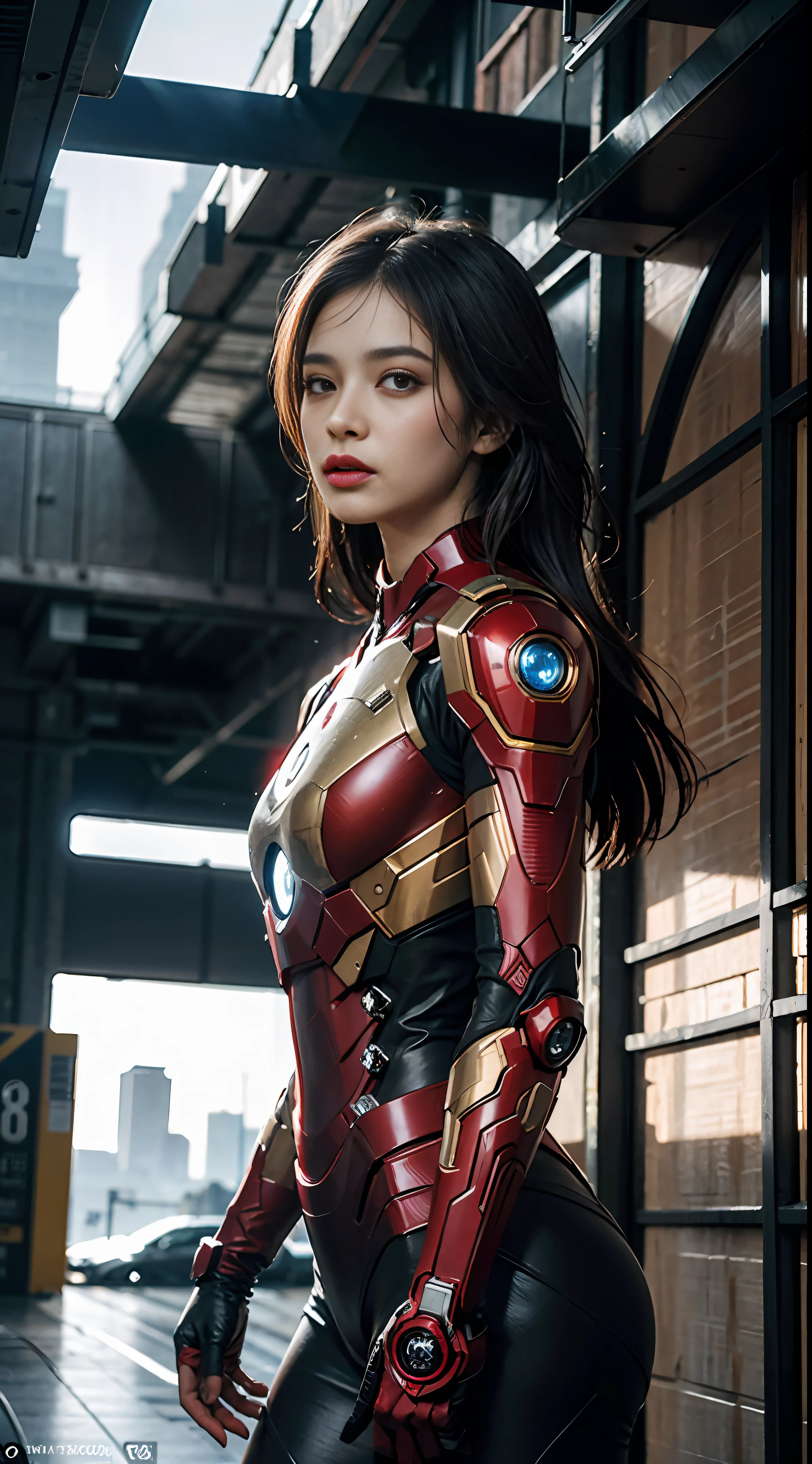 (1girl:1.3), solo,__body-parts__, official art, unity 8k wallpaper, ultra detailed, beautiful and aesthetic, beautiful, masterpiece, best quality, RAW, masterpiece, super fine photo,, best quality, super high Resolution, photorealistic, sunlight, full body portrait, stunningly beautiful,, dynamic pose, delicate face, vibrant eyes, (side view), she is wearing a futuristic Iron Man mech, red and gold, Highly detailed abandoned warehouse background, detailed face, detailed complex busy background, messy, gorgeous, milky, high detailed skin, realistic skin details, visible pores, sharp focus, volumetric fog, 8k uhd, dslr camera, High quality, film grain, fair skin, photorealism, lomography, sprawling metropolis in a futuristic dystopia, view from below, translucent