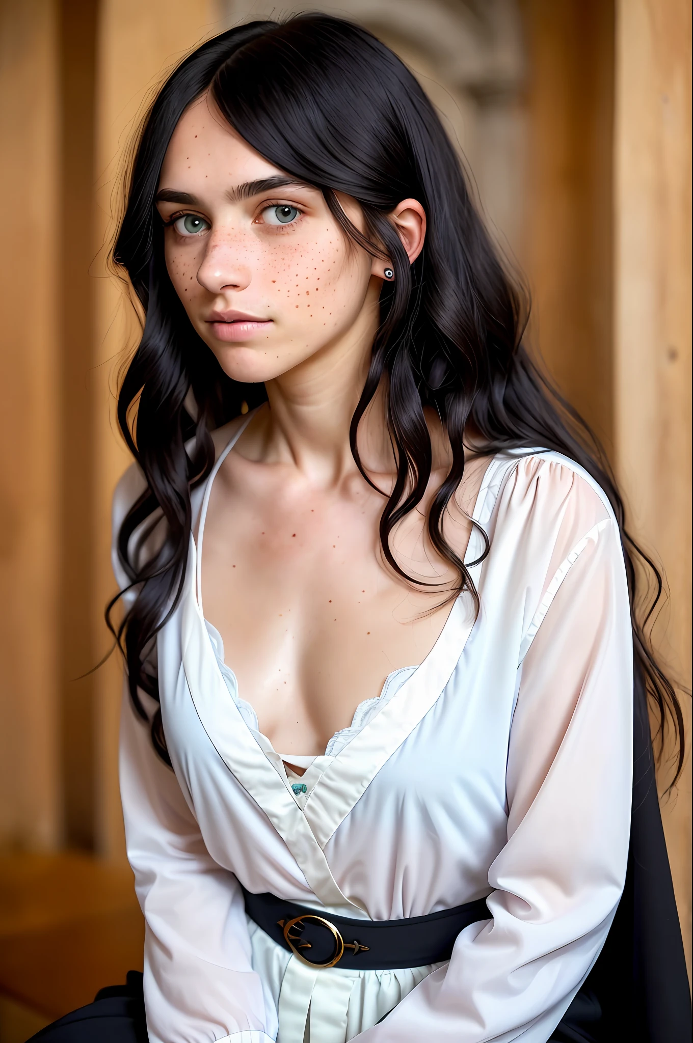 RAW photo, ((freckles)), ((realosta skin)), ((natural skin)), (a portrait photo of a 25-year-old priest:1.3), poor lighting, (sitting, inside the festival:1.1), (medium breasts:1.3), (irritated:1.1), (highly detailed skin:1.0), detailed eyes, 8k uhd, dslr, soft lighting, best quality, film grain, Fujifilm XT3, (skinny:1.2), (wearing blouse and pants:1.2), (pastel gothic style:1.1),  long hair, hair cut by Bob (wavy hair:1.1), (black hair:1.2), (oily hair:0.8), (shadow:1.1), freckles, (Austrian woman:1.2