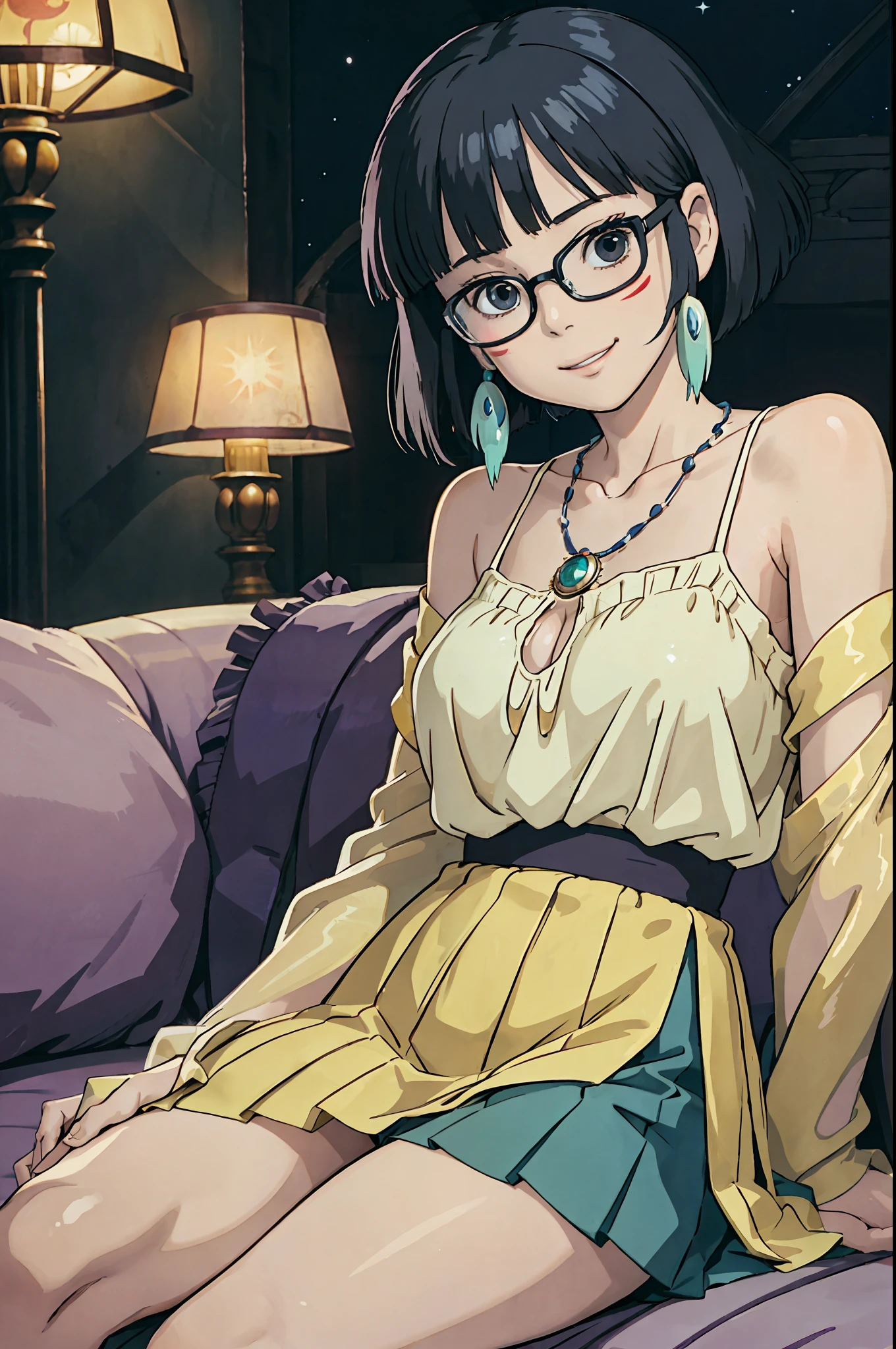 Ghibli, Sun \(Princess Mononoke\), 1 girl, bangs, black hair, face paint, night time, luxury night lounge, smile, short hair, luxurious dress, sitting on sofa, champagne, glasses, cowboy shots, tooth necklace, blouse, pleated skirt, (masterpiece)), subjective, seductive woman, damp crotch, embarrassing, drunk, sexy,