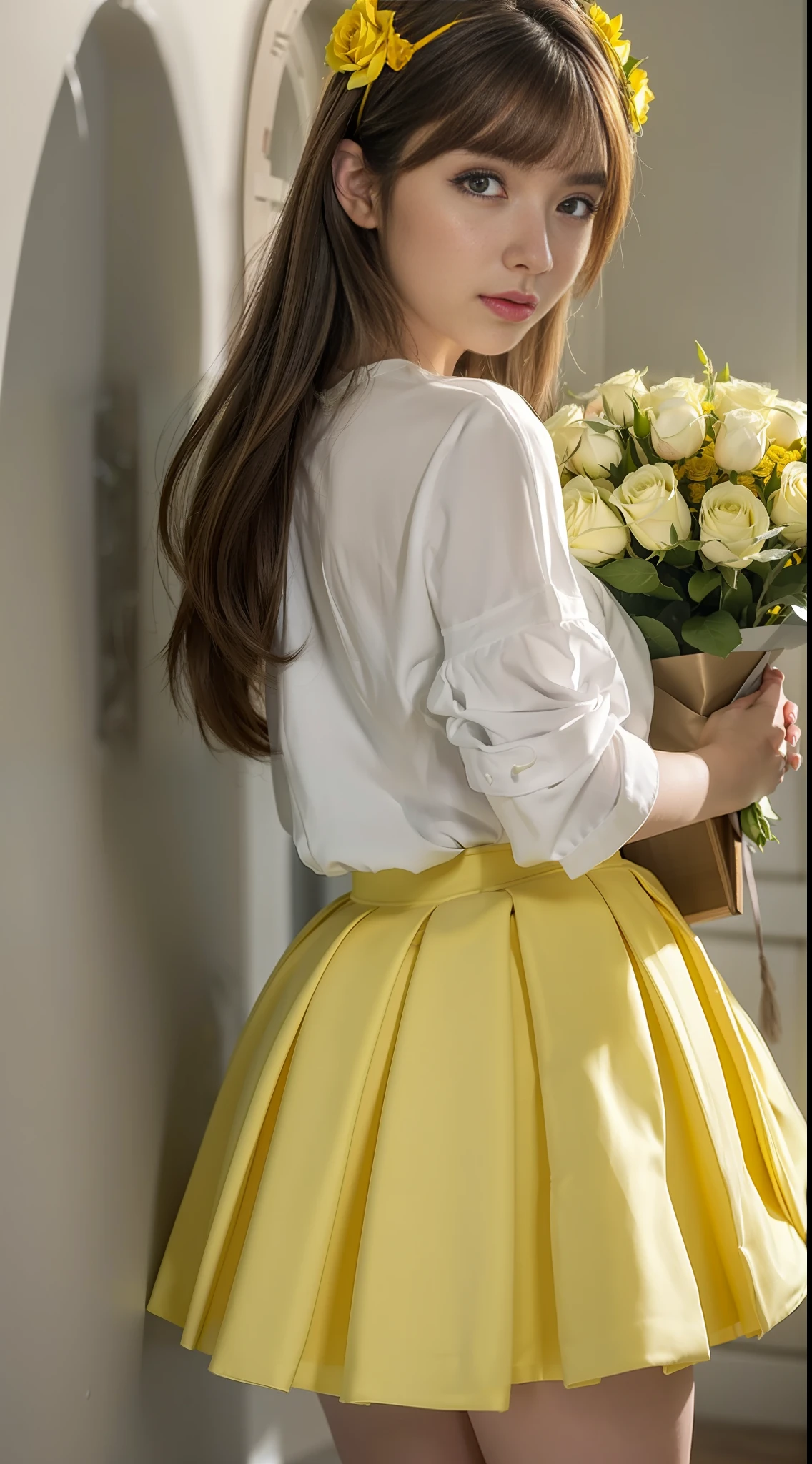 (Best Quality, 8k, 32k, Masterpiece, UHD: 1.2, Ray Tracing: 1.2, Real: 1.2), 1girl, background is a large yellow rose wall, 22 years old, white skirt, white brown hair, big eyes, double eyelids, wearing a necklace, leaning against the flower wall, looking back