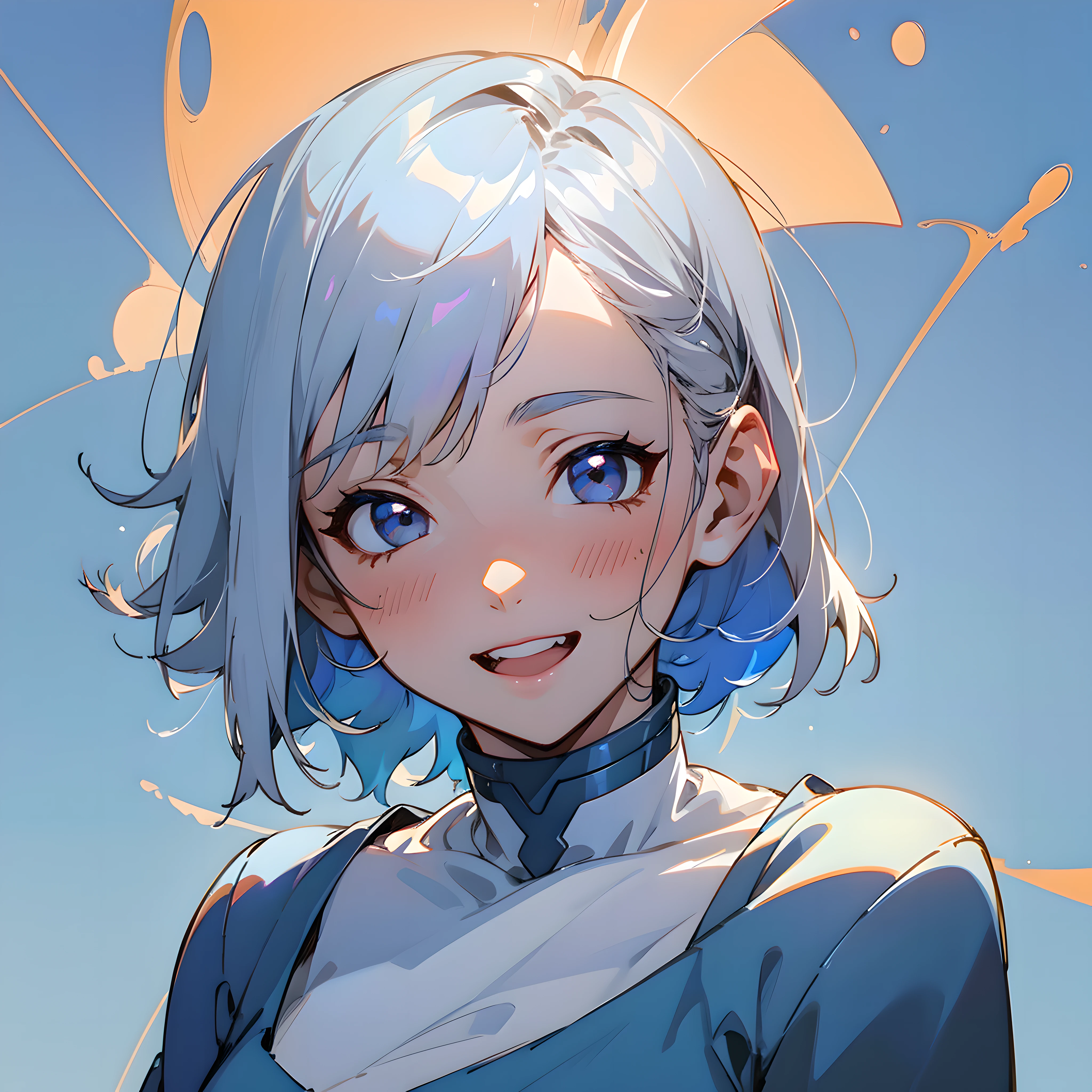 1 girl, short hair, silver white hair, black eyes, sky blue solid background, pure blue background, dark blue background, warm tone, warm light, healing line, (best quality, masterpiece, 8K), white t-shirt, laugh, laugh happily, upper body close-up, anime style, wallpaper, avatar, -v6