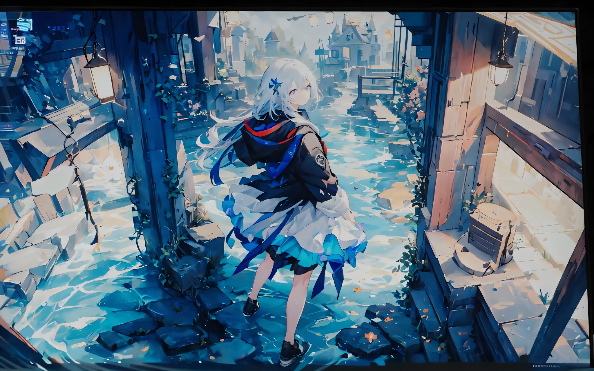 anime girl standing on a ledge in a city with a blue background, anime style 4 k, 8k high quality detailed art, anime girl walking on water, anime style. 8k, anime art wallpaper 4 k, anime art wallpaper 4k, from arknights, anime art wallpaper 8 k, anime wallpaper 4k, anime wallpaper 4 k