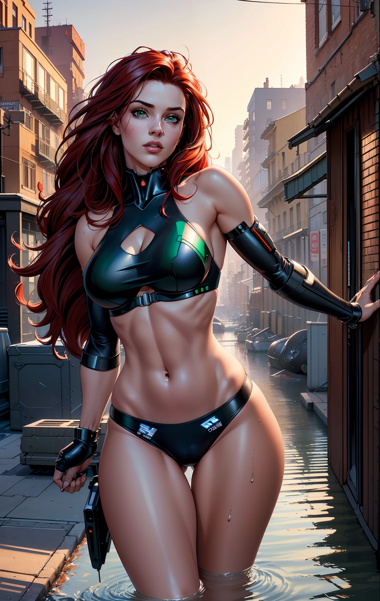 ((masterpiece)), (cowboy shot), (realistic: 1.35), best quality, (8k, best quality, masterpiece: 1.2), ultra-detailed, illustration, beautiful detailed eyes, gorgeous face, beautiful hair detailed, 1girl, , back, teen, sexy young ((solo)), mecha, mecha_musume, cyborg, (cool_movement), best quality, masterpiece, ultra-detailed high res, (photo-realistic: 1.4), very short black bikini, floss, full body, long red hair, wet hair, emerald green eyes, thick shapely thighs, big ass Perfect, naked, she is in school open leg, (high quality), (realism), 8k, sexy young, sexy realistic, best image quality, masterpiece, super high resolution, (fidelity: 1.4), city, cyberpunk, simple background, detailed materials, beautiful highlights, beautiful shadows, volumetric lighting, subsurface scattering, good anatomy, good proportions, (mature adult: 1.15)