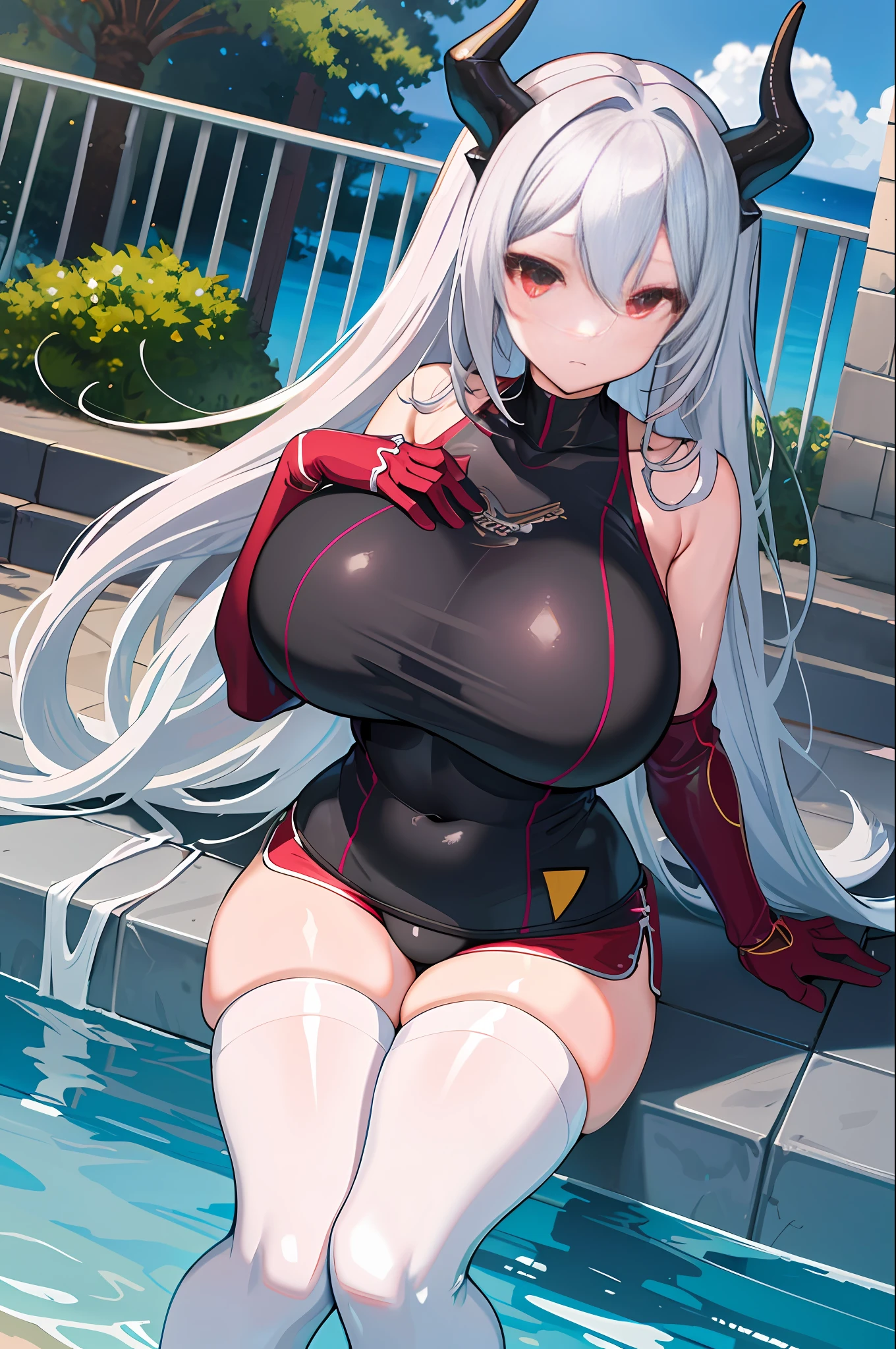 masterpiece, best quality, high_resolution, fine details, very detailed and beautiful, distinct_image, curvy,1 girl, solo, silver hair, red eyes, dragon horns, (huge breasts), (),outdoor,pool, dolphin shorts,school swimsuit,thighhigh,