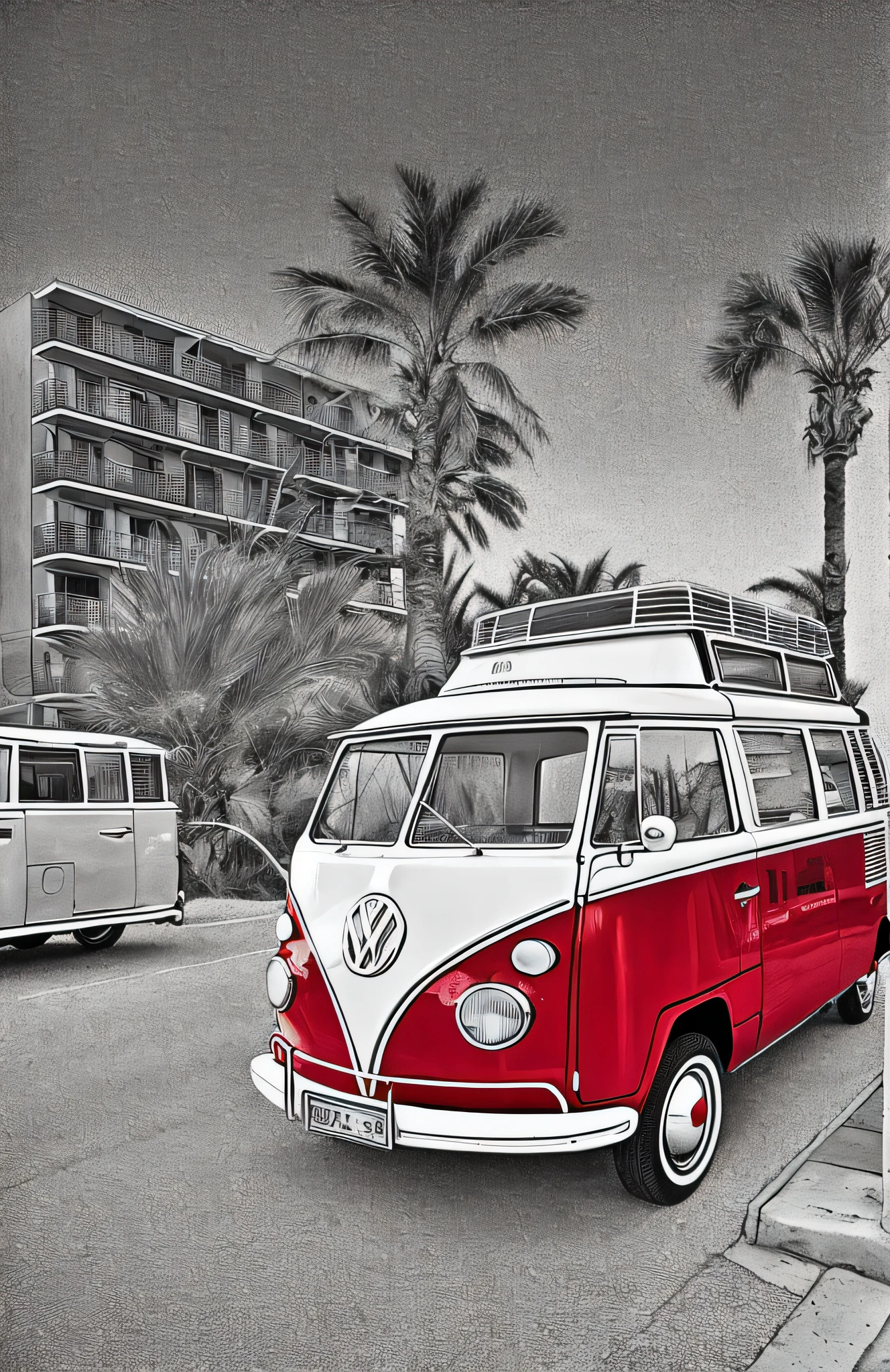 There's a red and white van parked next to a red barrel (line art: 1.2), VW bus on the street, Matthias Weishaar, microbus, near the beach, in a beachfront setting, Beautiful sketch, Morning Golden Hour , vintage car, eclectic car exterior very detailed, (Black and white sketch: 1.5), (pencil sketch: 1.2), high detail, (masterpiece)