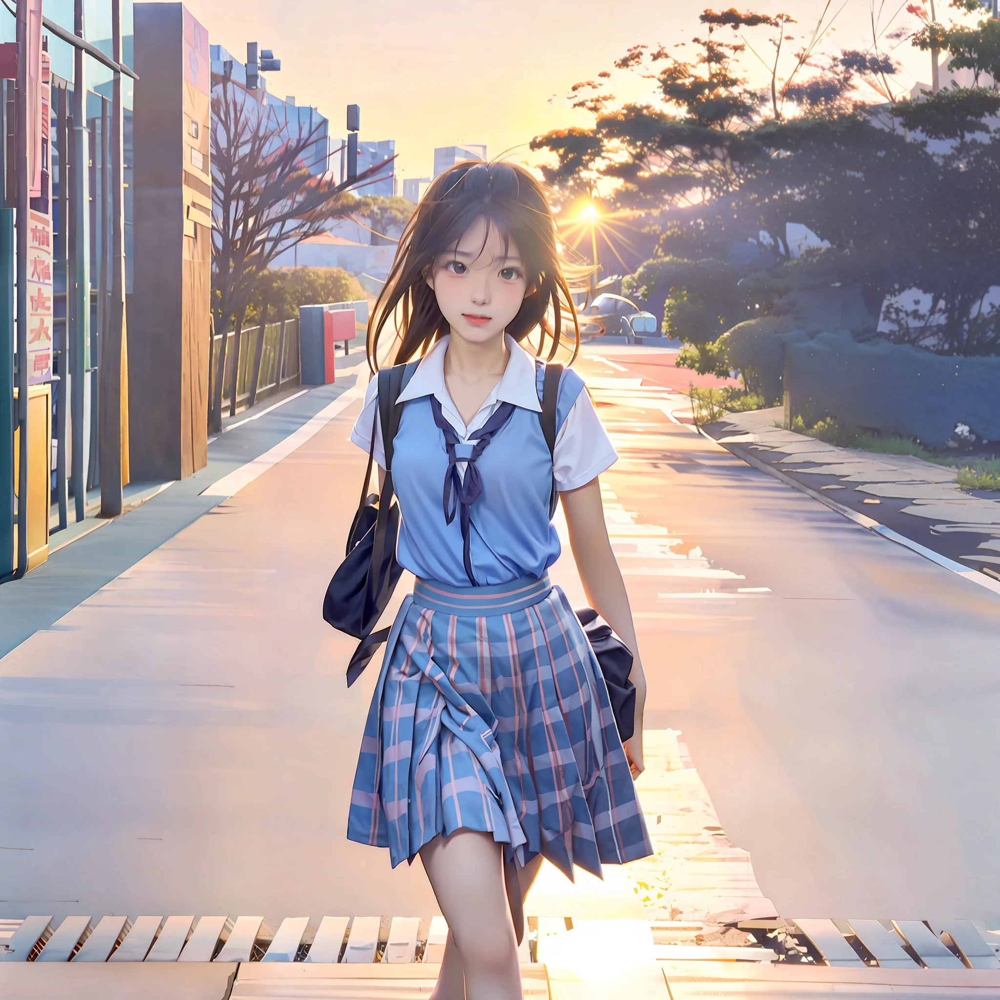 Beautiful high school girl walking down the street in school uniform, sunset light, Japanese girl school uniform, realistic schoolgirl, cute schoolgirl, movie morning light, anime style mixed with Fujifilm, wearing Japanese school uniform