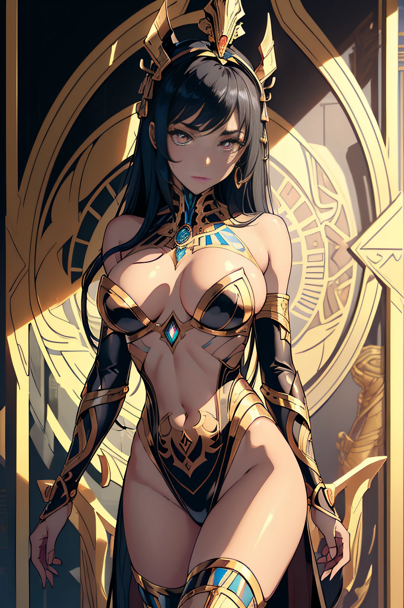 [Detailed illustrations, art based on extremely ideal anatomy, very detailed and detailed drawings, slow and delicate lines, realistic texture expression],((Color tressed main lines)),(Artwork with outstanding craftsmanship),(Ruins background (Ancient Egypt)),[HENTAI ANIME Girl Beauty Cyborg ] (Large, seductive hanging eyes) Lustrous black hair Tanned skin,( Bastet) Cyberne-golden armor with carved decoration ((Decoration of transcendent craftsmanship)) (Elegant,Gorgeous golden luster ((polished reflective luster)),Gorgeous),Orparts Lost Technology (Hierograph),Gravure,(Science Fiction Mechanical Bioengineering),((Fine and beautiful skin expression (transparency))),((Clear gaze)),(( Perfect eye details (beautifully drawn pupils with great detail))),(Beautiful perfect face (realistic face details)),((Beautiful hair details)),(Perfectly proportioned proportions)),(High-level built design,((Advanced structural understanding of materials)),Ideal color coordination),((Artistic decoration))) ((Dense details),((Detail,High definition) ),[(Ultra-precise detail),((Multilayer texture)),HighQuality,High Resolution],((Accurate simulation of light-material interaction, understanding of air flow, mechanically correct expression)),(((Visual art with a sense of narrative)).