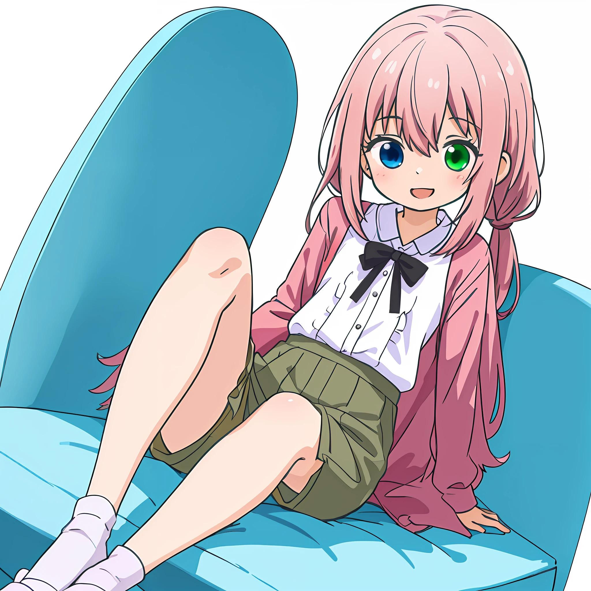 (Masterpiece: 1.2, highest quality), ultra high resolution, absurdity, high resolution, 1 girl, girl in the distance, sitting, (tilting face),
(Detailed Beauty Eyes: 1.1), (Heterochromia, Light Blue Eyes, Light Green Eyes), (Beautiful Face: 1.1), Smile, Open Mouth, (Kawaii 1.5)
(white blouse, green long pants), (pale pink hair: 1.3), (medium hair, multiple braids, low ponytail), dynamic angle,