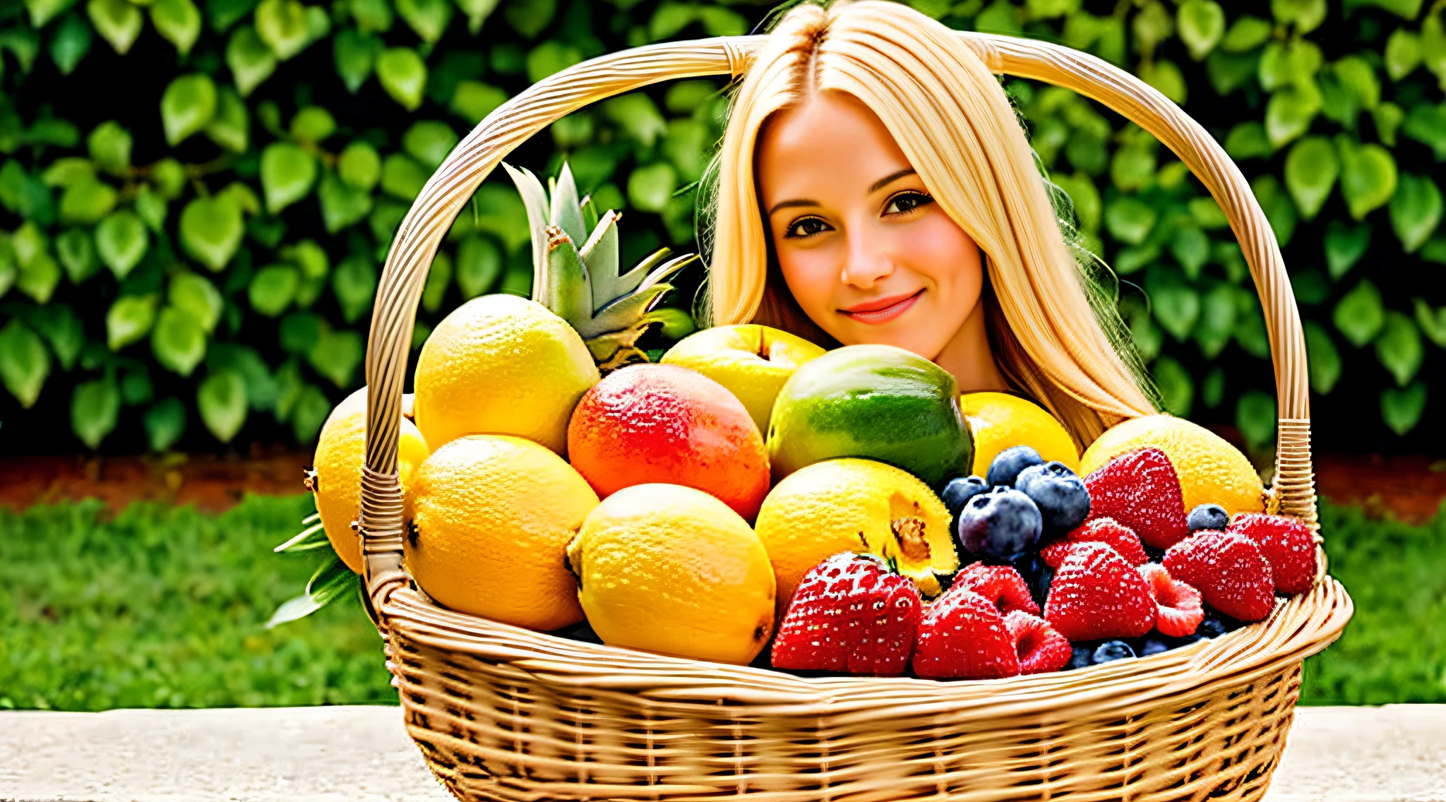 there is a BLONDE GIRL WITH BIG STRAIGHT HAIR, holding, a closeup of a fruit basket with a pineapple, a fruit basket, fruit in a basket, fruit basket, fruit, fresh fruit, 2995599206, 3156350975, yolks and diamond for fruits, fruit bowl, fruits and flowers, (a bowl of fruits)!!!!!!!