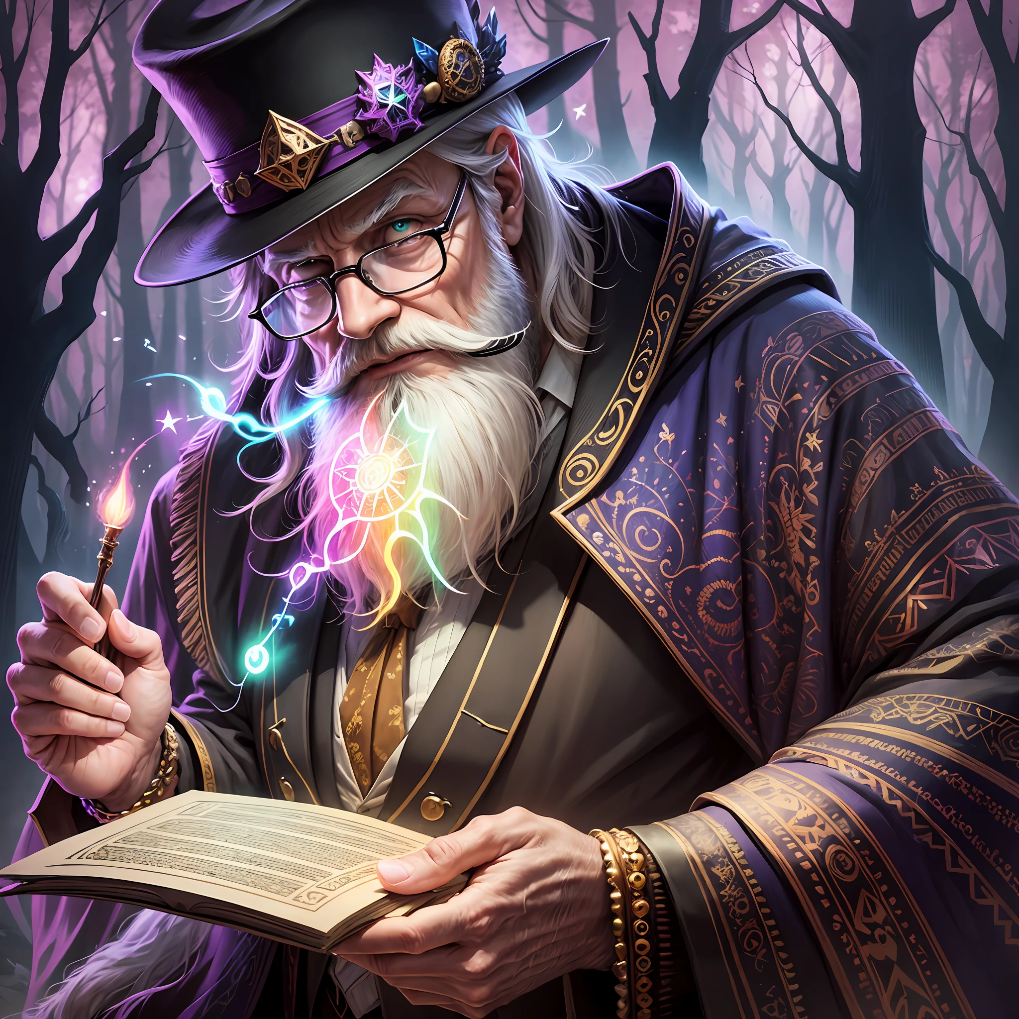 realistic magician doing spells, old man with bearded glasses with hat, very colorful with mystical colors in a magical forest with glowing animals and add a lot of detail and creativity --auto --s2