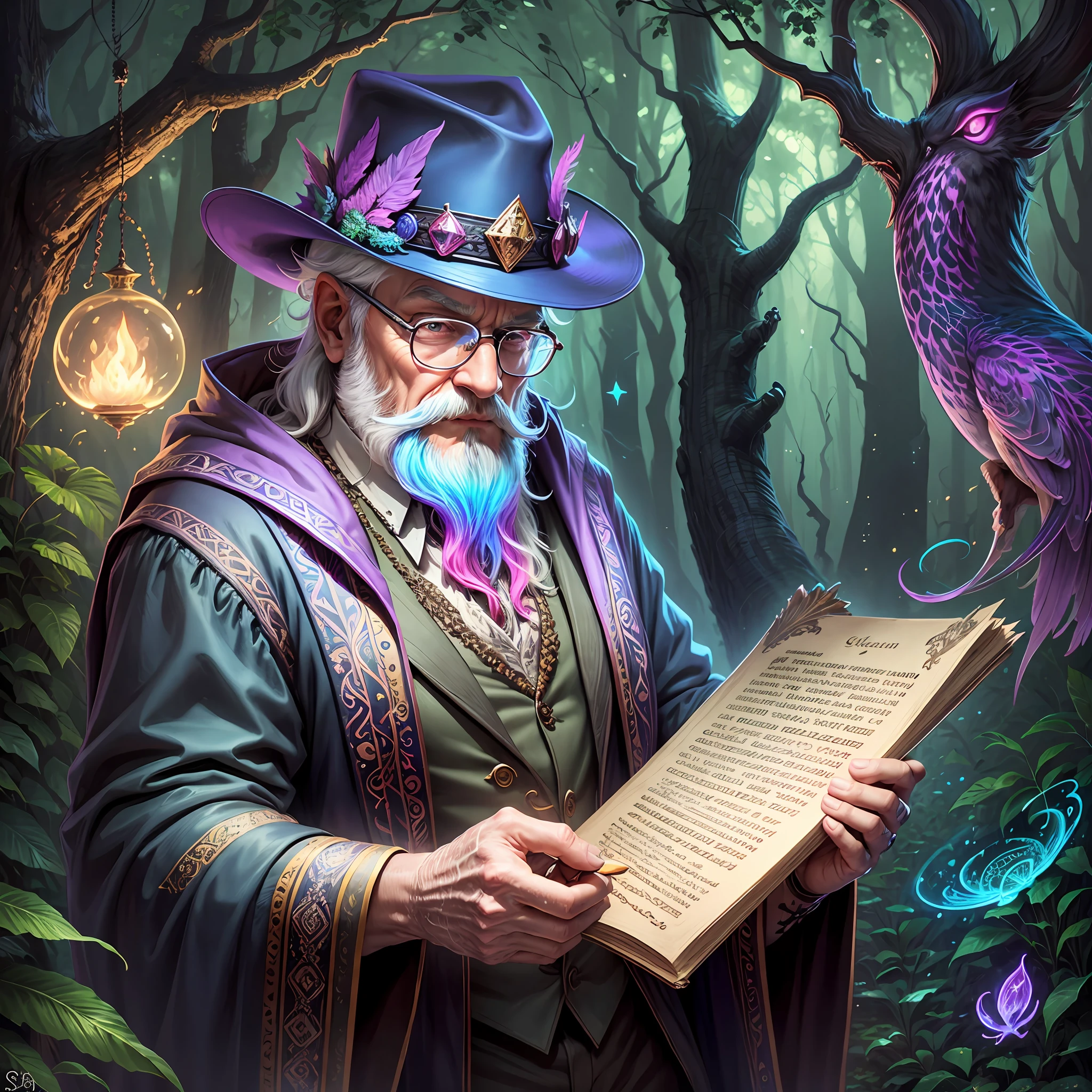 realistic magician doing spells, old man with bearded glasses with hat, very colorful with mystical colors in a magical forest with glowing animals and add a lot of detail and creativity --auto --s2