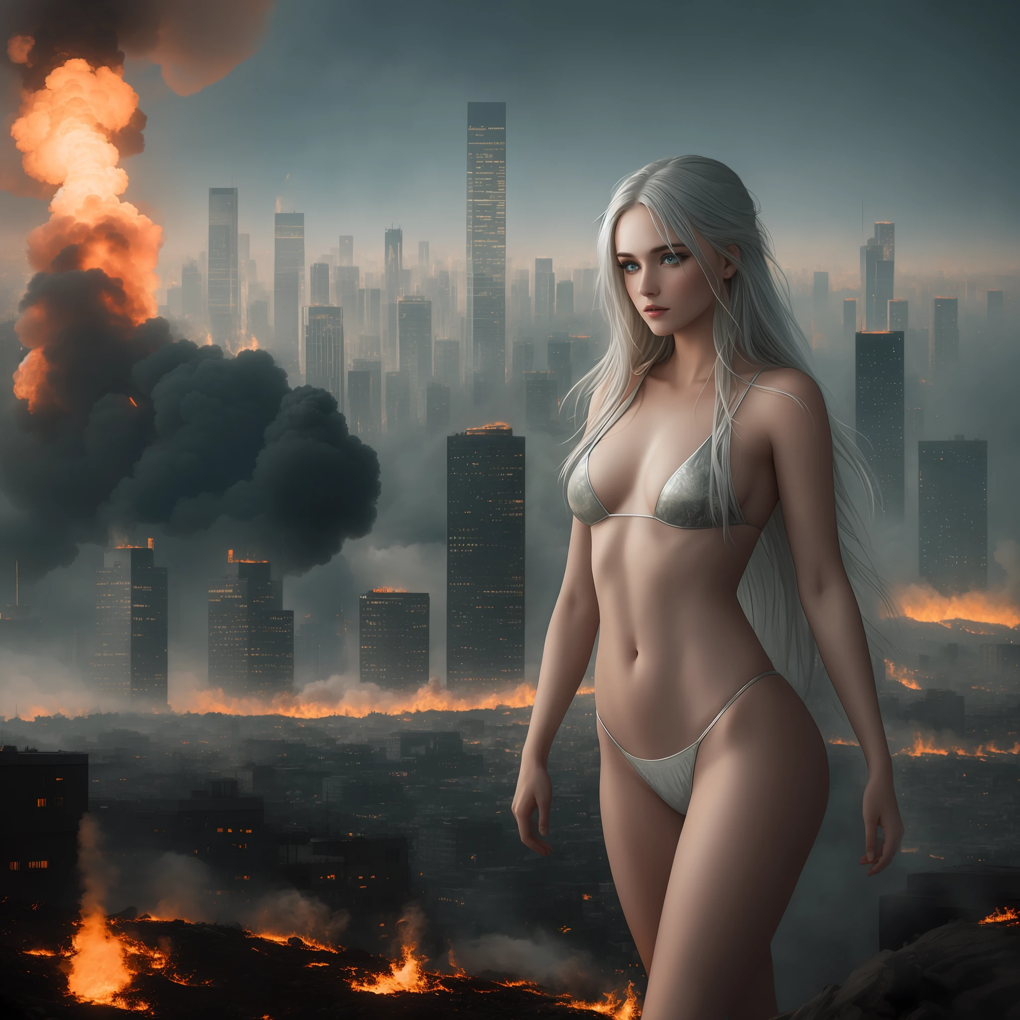 RAW, Nikon z 85mm, analog style, gritty, highly detailed picture, front light, Russian woman, goddess, silvery hair, (silvery pubic hair), [[bright green eyes], [(nude)), fit, gorgeous body, puffy, erect, (((burning cityscape background)), fire, post-apocalyptic, mushroom cloud ((high detail skin, skin detail)), Sharp Focus, Volumetric Fog, 8K UHD, DSLR, High Quality, Film Grain, Glamour Photography