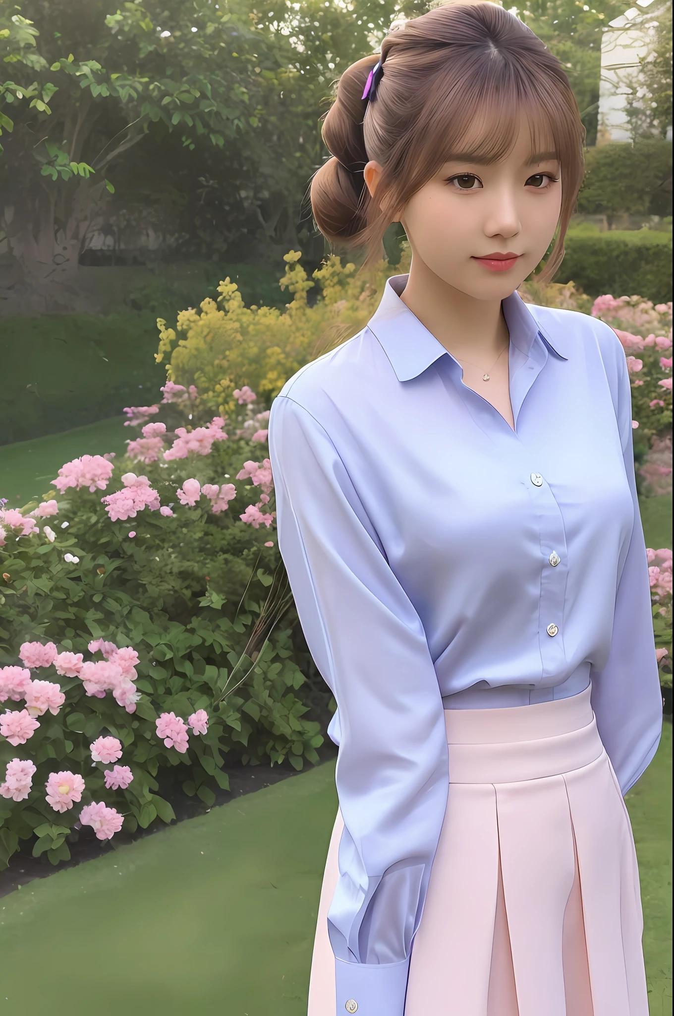 (8k, RAW photo, best quality, masterpiece), (realistic, photo-realistic:1.2), ultra detailed, 1 girl, cute, solo, beautiful detailed sky, Keep your mouth shut, Garden Flower Sea, Hands behind Your back,) wearing ice silk shirt, striped pencil skirt, medium build, short purple hair, ponytail, Chinese girl's eyes, ultra-fine details, complex scenes, ambient light, soft light, elegant, symmetrical facial features, garden view, gossamer, ethereal, full body, ponytail, gentle sister flower, mild,