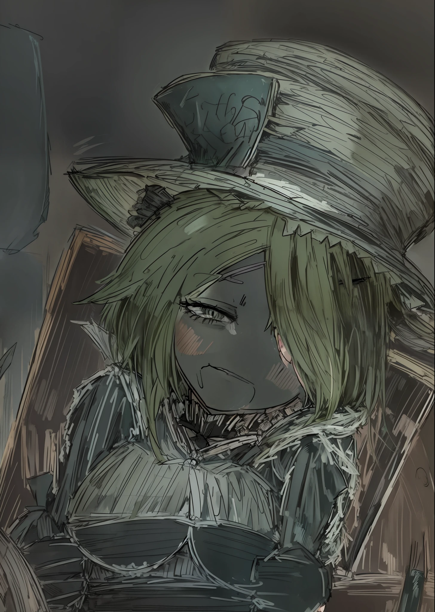 official art, official art style, game CG, mad hatter, 1 girl, solo, standing, smile, green hair, gray eyes, white skin