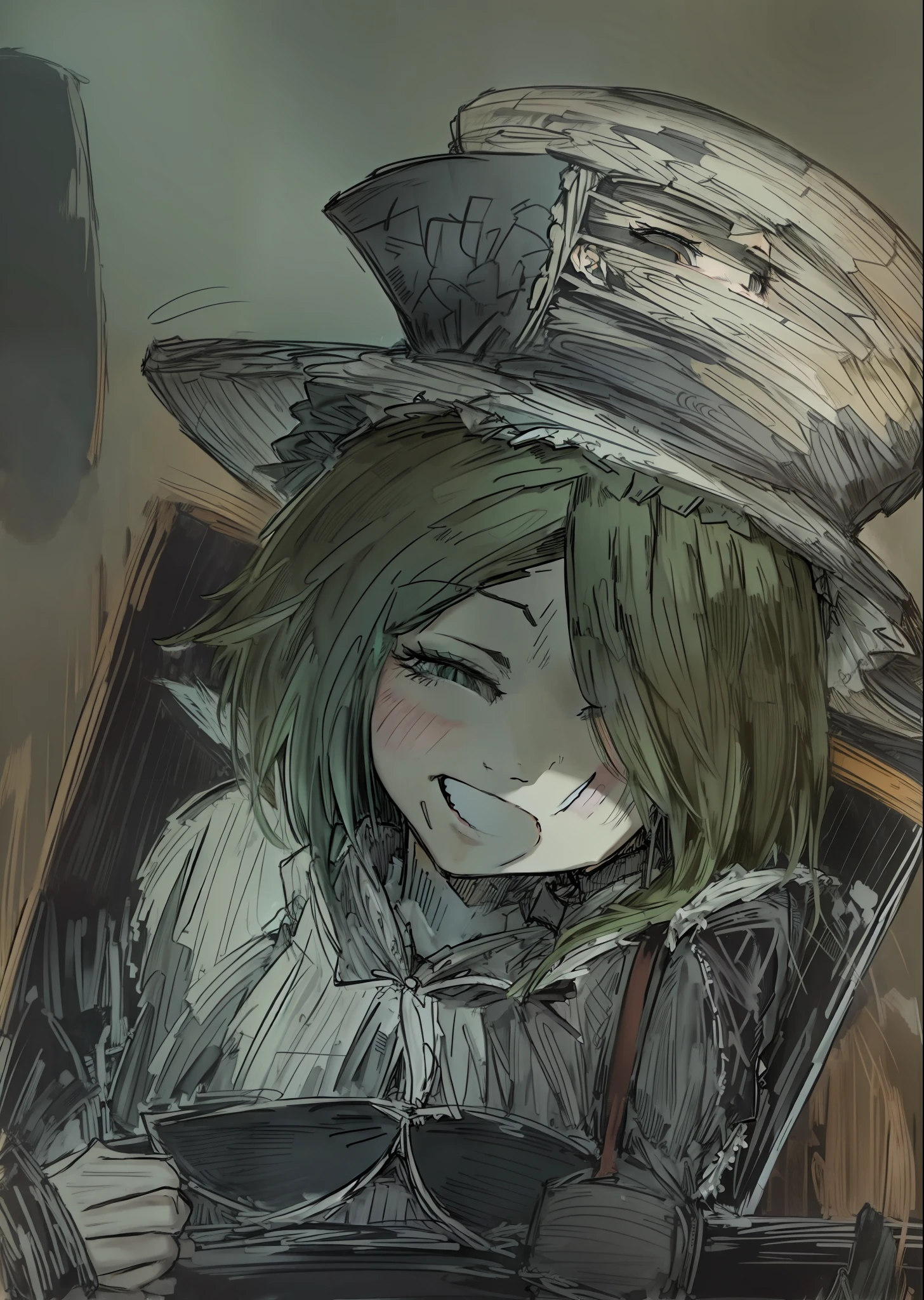 official art, official art style, game CG, mad hatter, 1 girl, solo, standing, smile, green hair, gray eyes, white skin