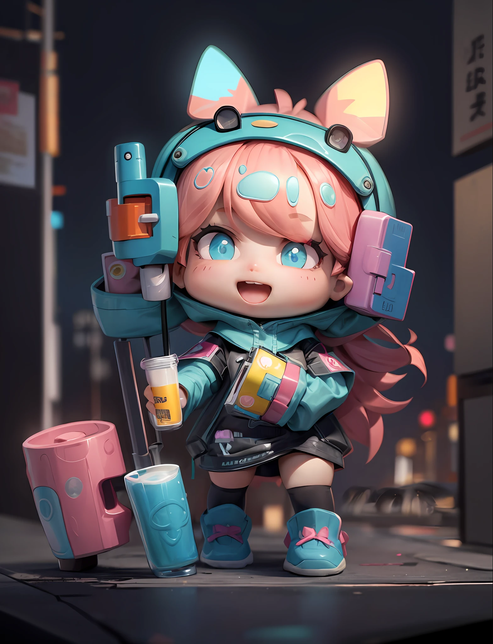 Masterpiece, top quality, official art, 8k wallpaper, RAWE extreme detail, illustration, 1 girl, cute, pink hair, cyberpunk, hd, street at night, sky blue coat, colorful colors,