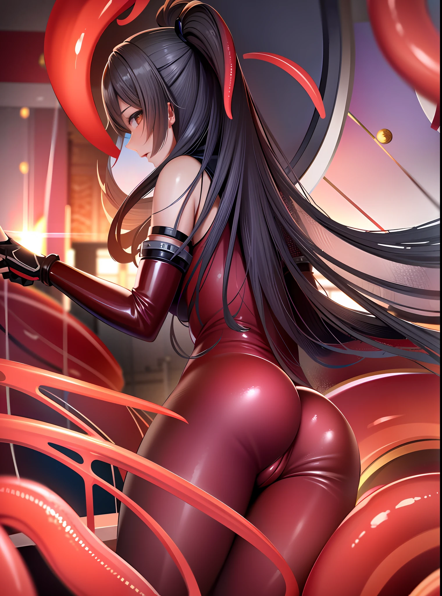 There is a picture of a woman in a red latex suit, thick smooth warframe thighs, fine details. Anime. Tentacles, cute and sexy, his torso is huge tentacles, extremely detailed Artgerm, his torso is a long tentacle, wrapped in black tentacles, Krentz Kusart and ArtGerm, biomechanical oppai, private parts pull sausage