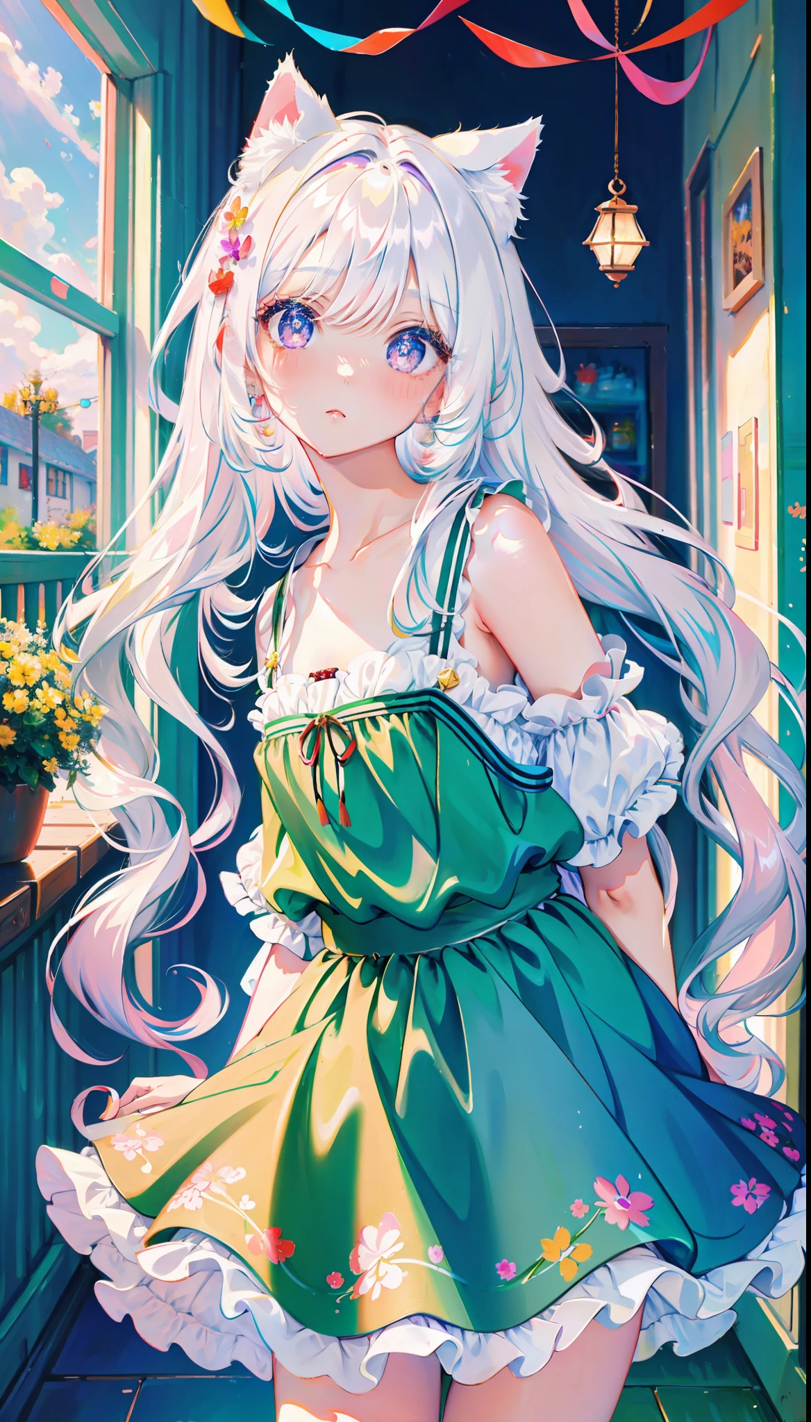 (masterpiece, high quality, highres,Highest picture quality),
BREAK
blurry background, (colorful:0.7), (eyes focus:1.2), looking at viewer, upper_body, fisheye, (indoors:1.1), cuteg, warm light, cute cat ears,
BREAK
1loli, standing, solo, ^ ^, (leaning_forward:1.1), arms_behind_back, (wide-eyed:1.1), head_tilt, bare shoulders, small breasts, long eyelashes, collarbone, (blush:0.95),
BREAK
shiny skin, shiny hair,(bright pupils:1.1),Curious,detailed eyes,hair ornament, long hair, two side up hair,white hair, upskirt, shiny eyes,