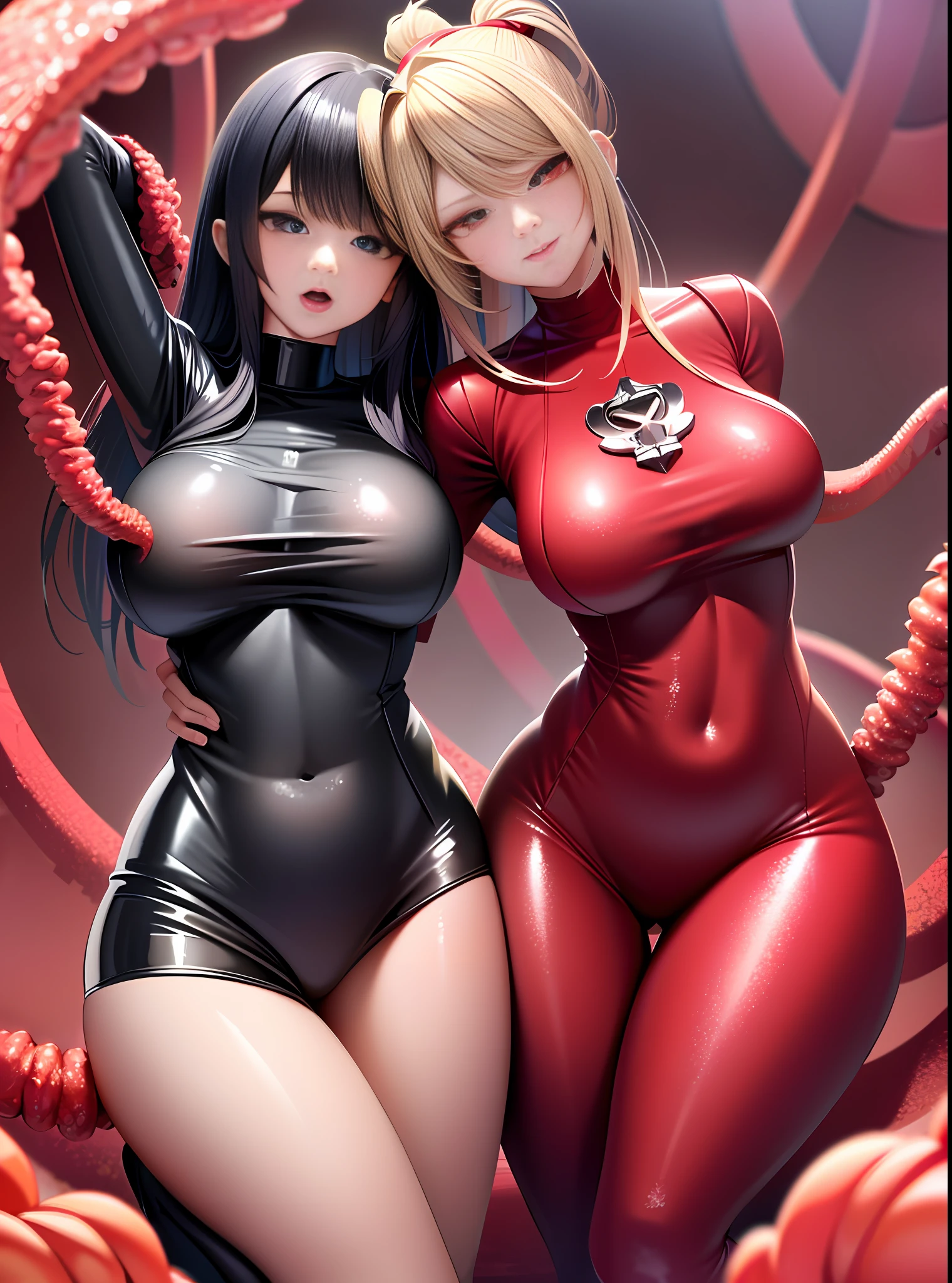 There is a picture of a woman in a red latex suit, thick smooth warframe thighs, fine details. Anime. Tentacles, cute and sexy, his torso is huge tentacles, extremely detailed Artgerm, his torso is a long tentacle, wrapped in black tentacles, Krentz Kusart and ArtGerm, biomechanical oppai, private parts pull sausage