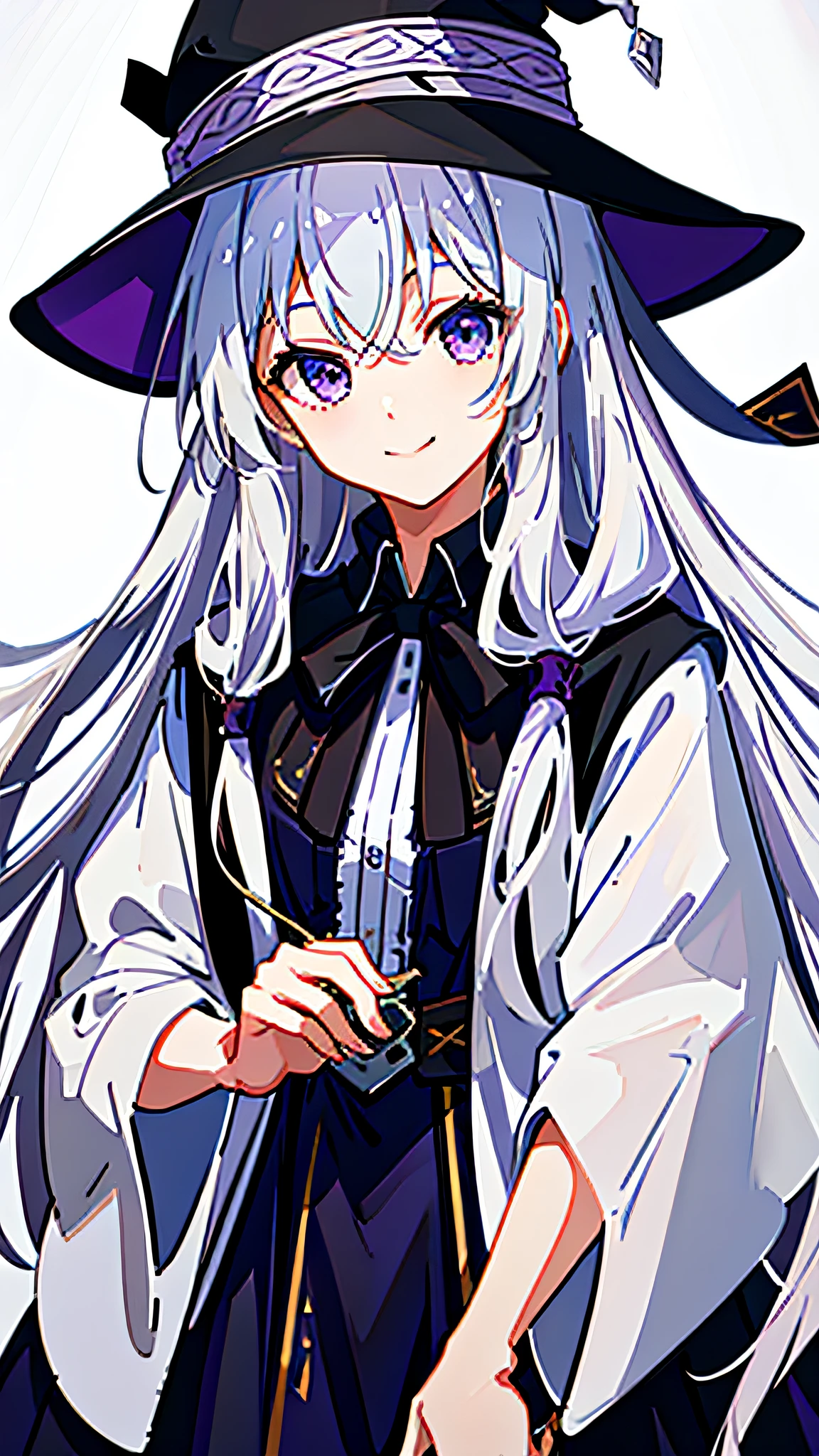 masterpiece, best quality, 1girl, elaina_(majo_no_tabitabi), silver hair, purple eyes, long hair, hat,smile