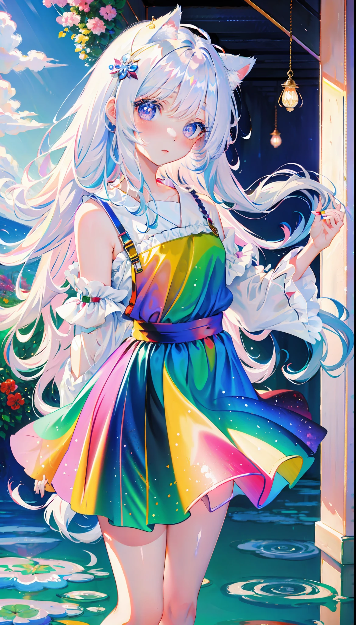 (masterpiece, high quality, highres,Highest picture quality),
BREAK
blurry background, (colorful:0.7), (eyes focus:1.2), looking at viewer, upper_body, fisheye, (indoors:1.1), cuteg, warm light, cute cat ears, 
BREAK 
1loli, standing, solo, ^ ^, (leaning_forward:1.1), arms_behind_back, (wide-eyed:1.1), head_tilt, bare shoulders, small breasts, long eyelashes, collarbone, (blush:0.95),
BREAK
shiny skin, shiny hair,(bright pupils:1.1),Curious,detailed eyes,hair ornament, long hair, two side up hair,white hair, upskirt, shiny eyes,
